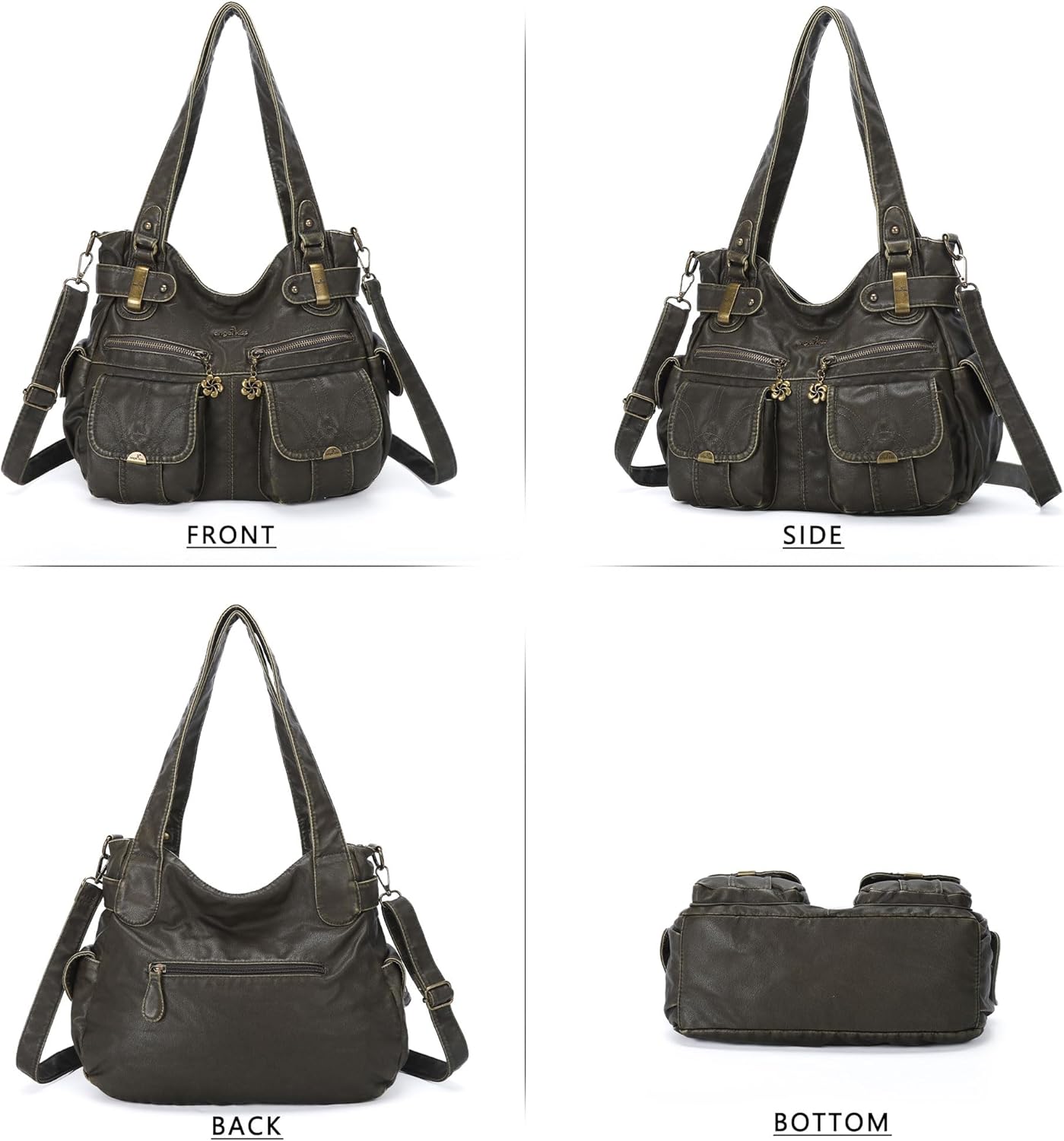 Angel Kiss Women's Designer Handbag Large Double Zipper Multi Pocket Washed Leather Purse - Image 7