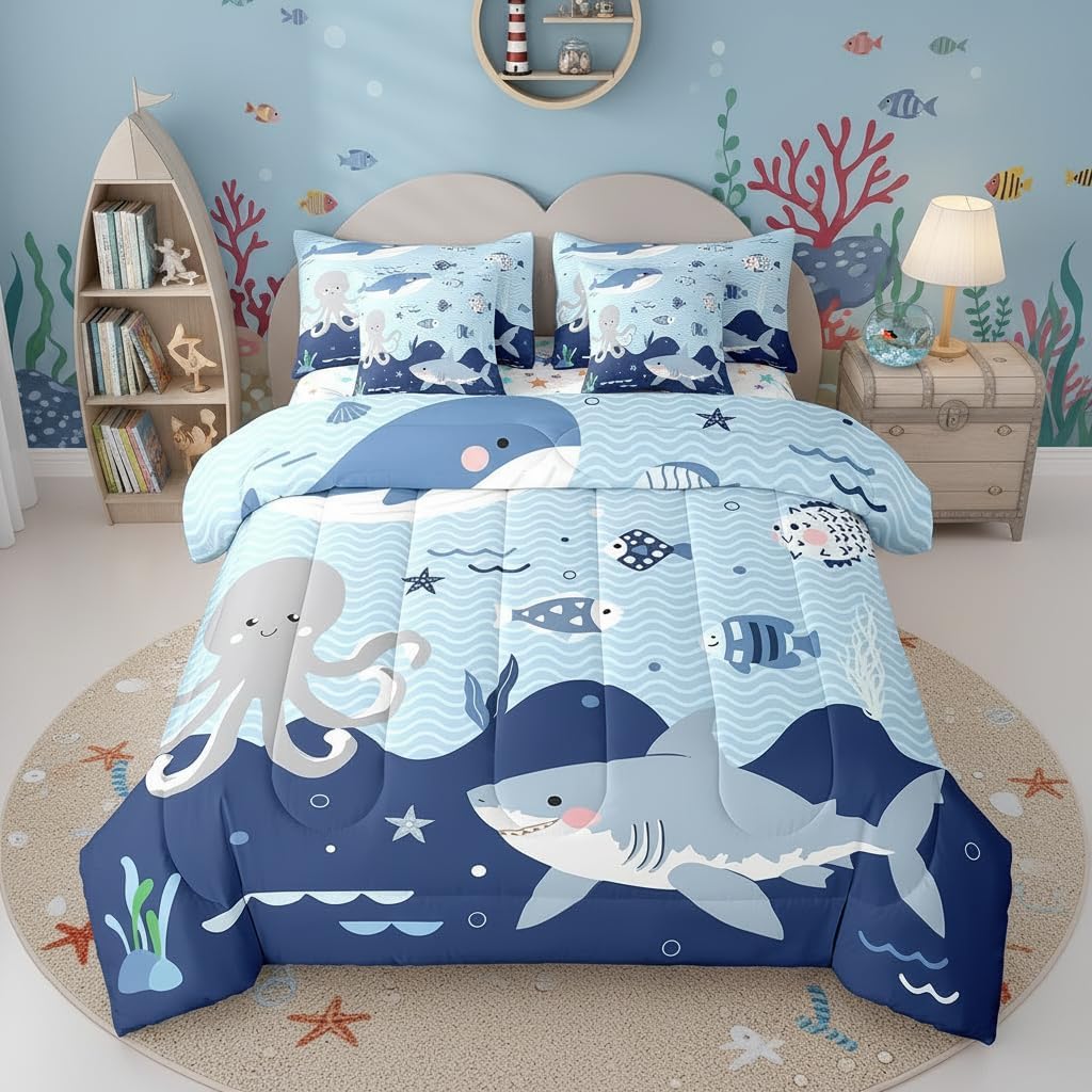 Erosebridal Cute Sealife 7 Piece Bedding Set Full Kwaii Whale Shark Comforter Set with Sheets Kawaii Octopus Fishes Bed in a Bag Blue Cartoon Ocean Waves