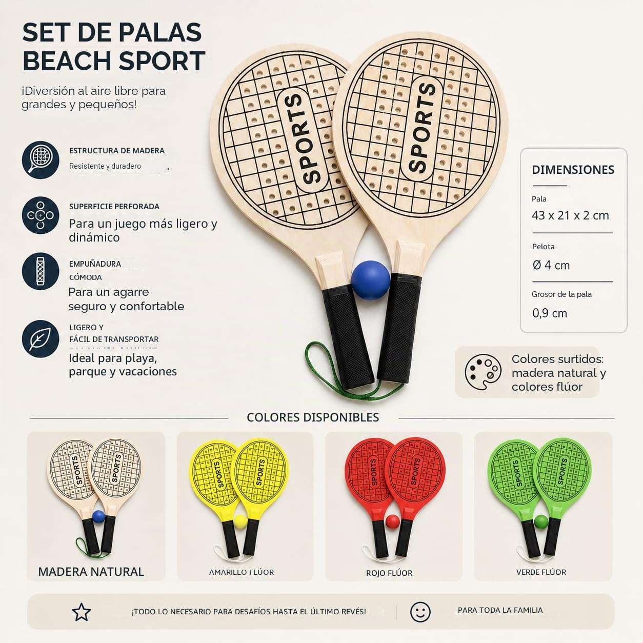 Generisch Raqueta de tenis de playa, 39 cm, perforada, de madera, para playa, tenis, piscina, fiesta, con pelota, playa, piscina, jardín