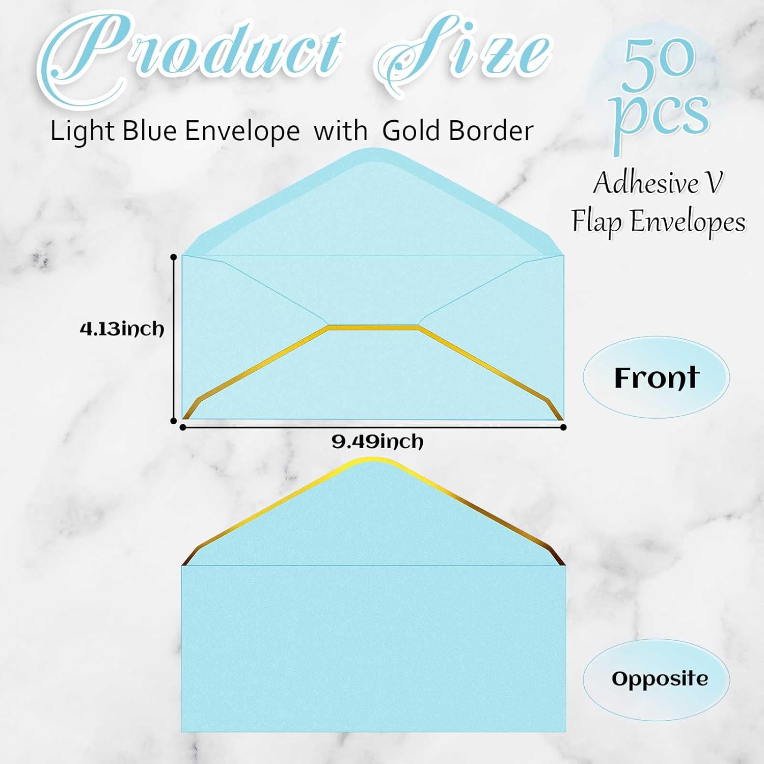 Cholemy 50 Pack Light Blue #10 Business Envelopes with Gold Border Self Adhesive V Flap 4 1/8 x 9 1/2 Standard Envelopes for Office, Letters, Checks, Invoices, Documents