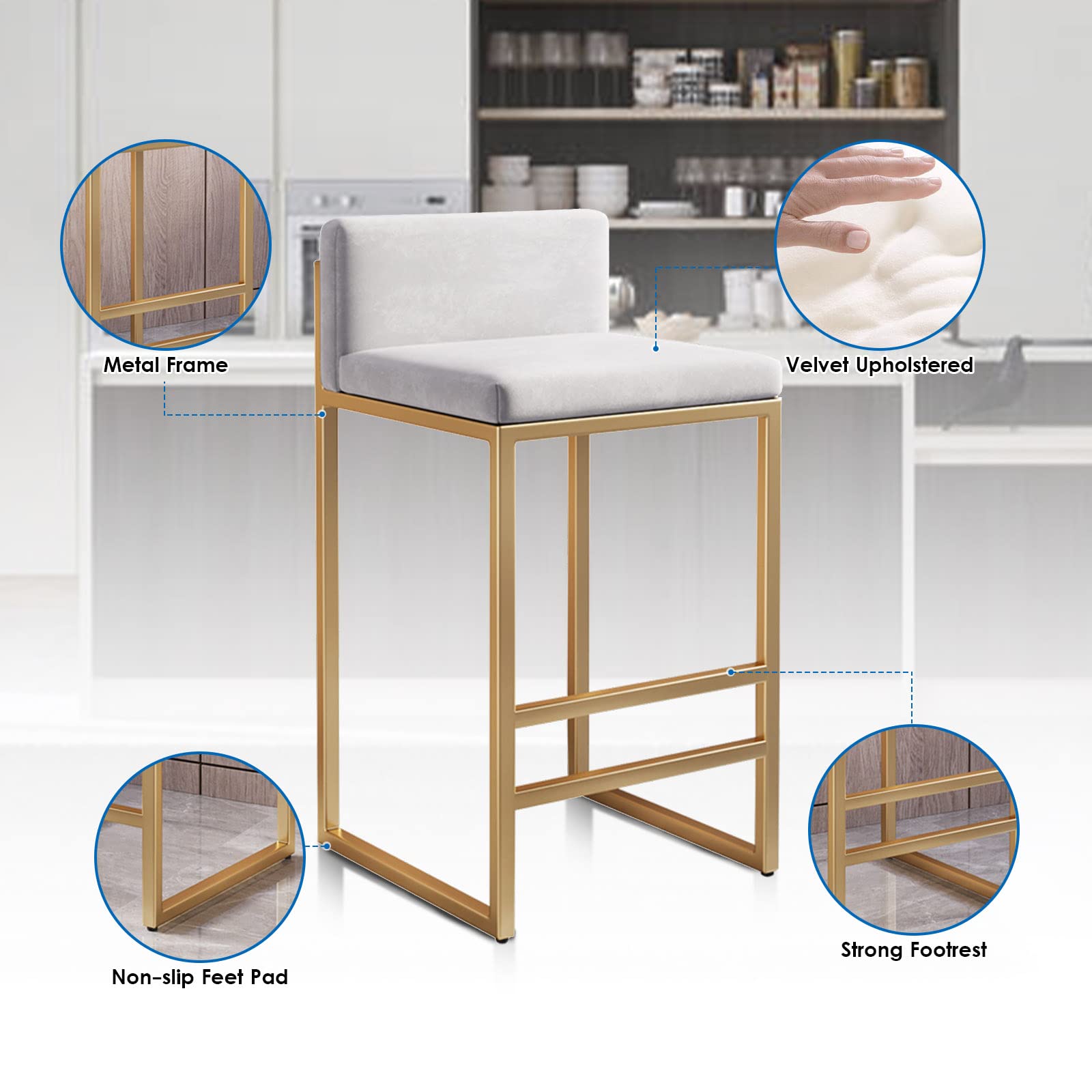 Lot de 3 tabourets de Bar de Cuisine, tabourets de comptoir en Velours, Chaise de Bar rembourrée avec Dossier et Repose-Pieds pour la Maison, la Cuisine, la Salle à Manger, Blanc, 65 cm