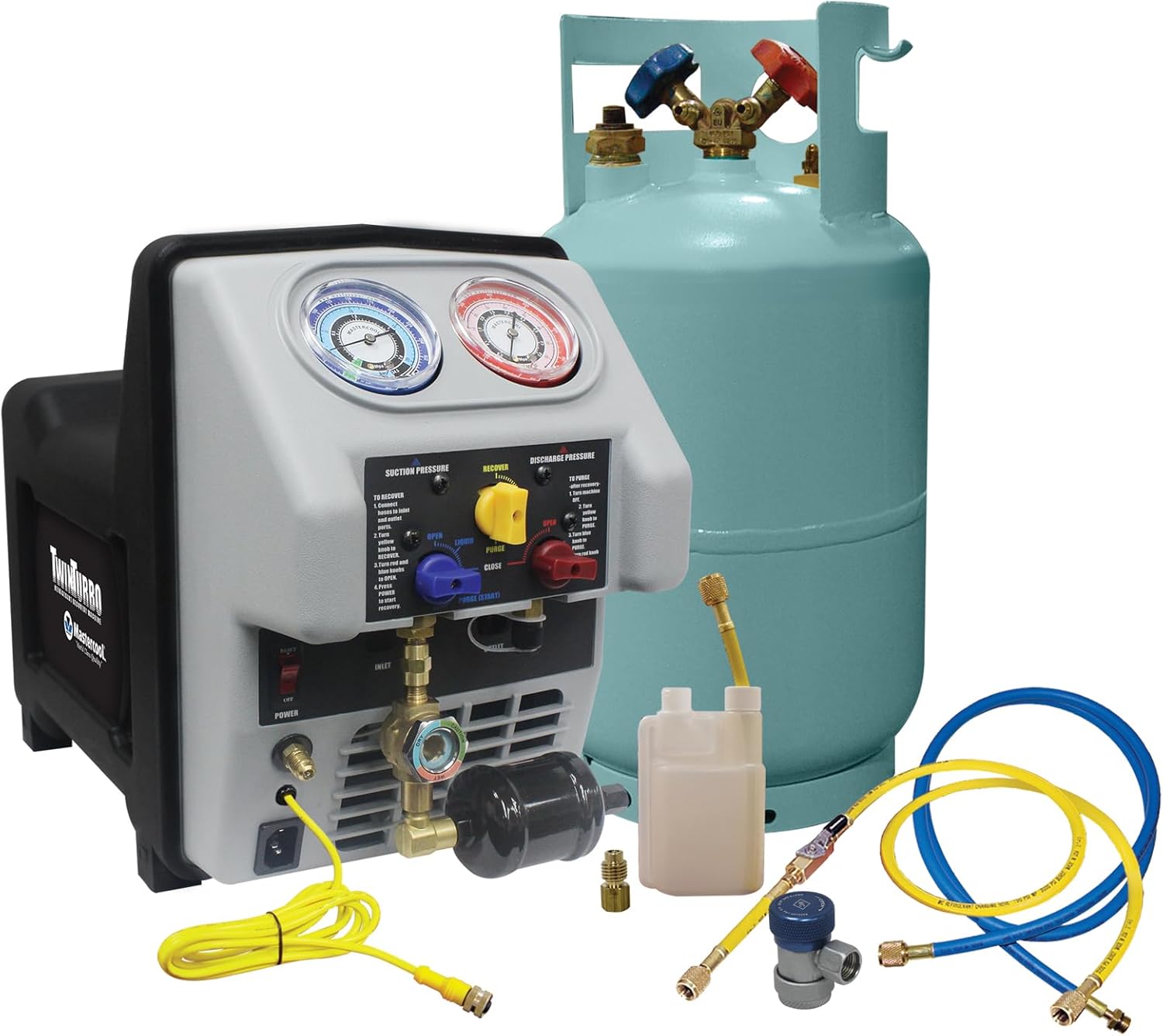 Mastercool 69360-YF Spark-Free Twin Turbo Refrigerant Recovery Machine – Includes 30 lb DOT Tank, 1/2 HP Dual-Piston Oil-Less Compressor, R1234yf Compatible, Fast Automotive A/C Recovery