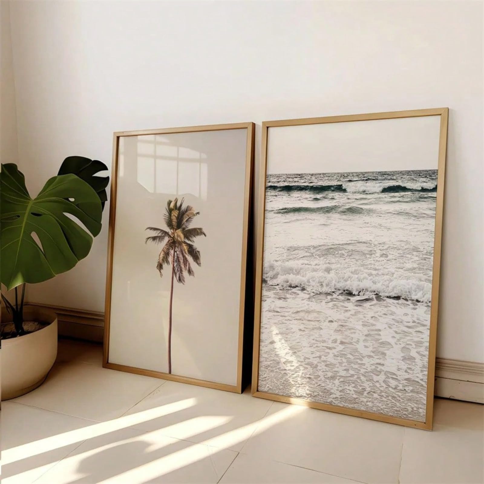 ZBELLO Neutral Boho Coastal Wall Art Set of 2, Unframed Beige Palm Tree & Beach Prints, Minimalist Tropical Posters for Living Room Bedroom Decor (40x50cm)