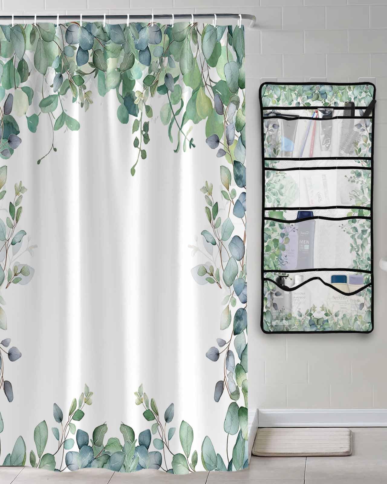 Shower Curtain Mesh Shower Organizer Hanging Set Spring Watercolor Green Eucalyptus Leaves Waterproof Shower Curtains with 10 Pockets