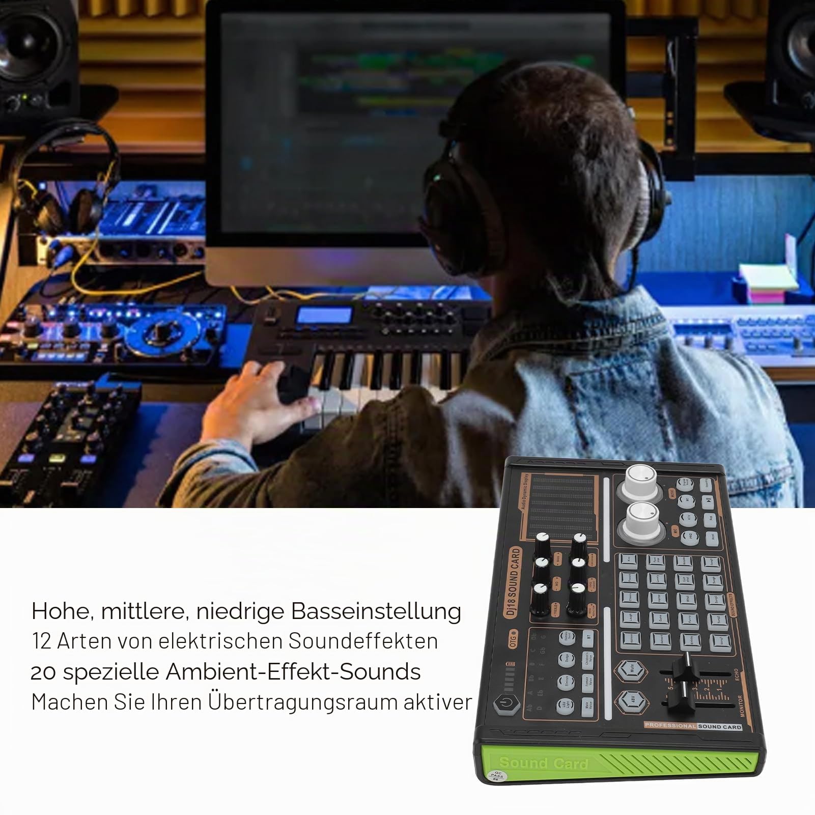 Fockety Professioneller Audiomixer, Live-Soundkarte und Audio-Interface mit Soundeffekten und Sprachwechsler, 48-V-Phantomspeisung-Bluetooth-Soundboard für Podcast-Aufnahmen,Live-Streaming