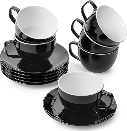 BTaT Tazas de té y platillos de porcelana - 6 onzas, negro, juego de 6, adultos