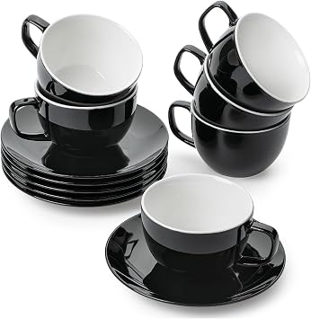 BTaT- Cappuccino Cups with Saucers 6 oz, Set of 6, Black Porcelain Coffee Cup and Saucer Set for Latte, Mocha, Tea, Au Lait, Flat White, Dishwasher, Microwave, Freezer and Oven Safe