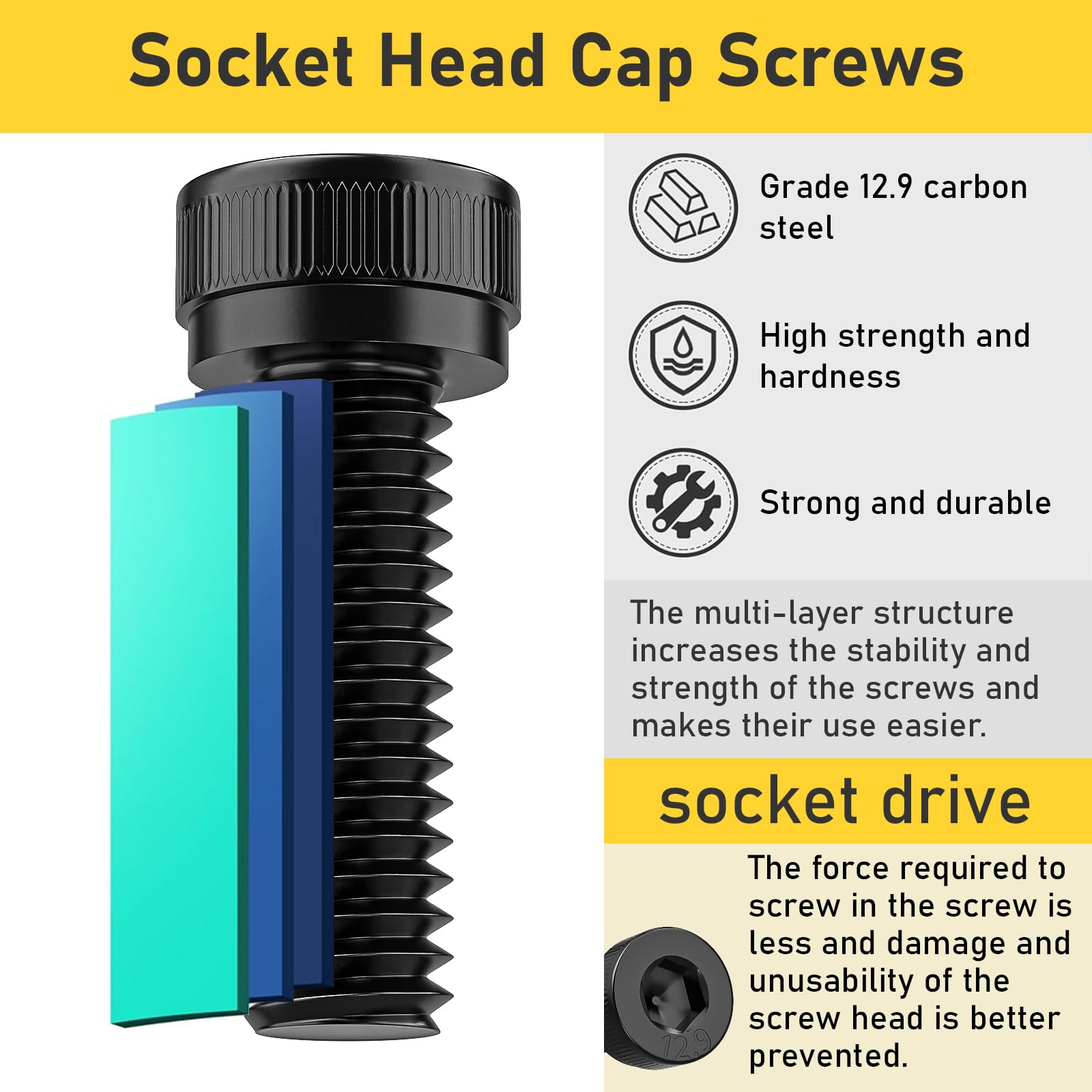 Valorada 120Pcs M4 x 16mm Hex Socket Head Cap Screws Bolts, 12.9 Grade Alloy Steel, Black Oxide Finish, Allen Socket Drive - Image 3