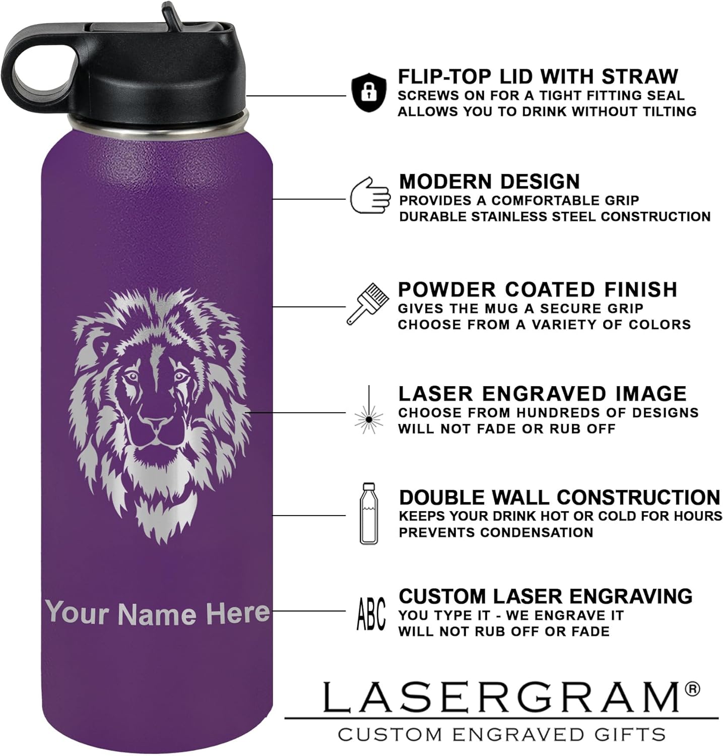 LaserGram Personalized Water Bottle, Dragonfly, Stainless Steel Double Wall Vacuum Insulated with Flip Top Straw, Custom Engraved Gift (40oz / 1180ml Dark Purple)