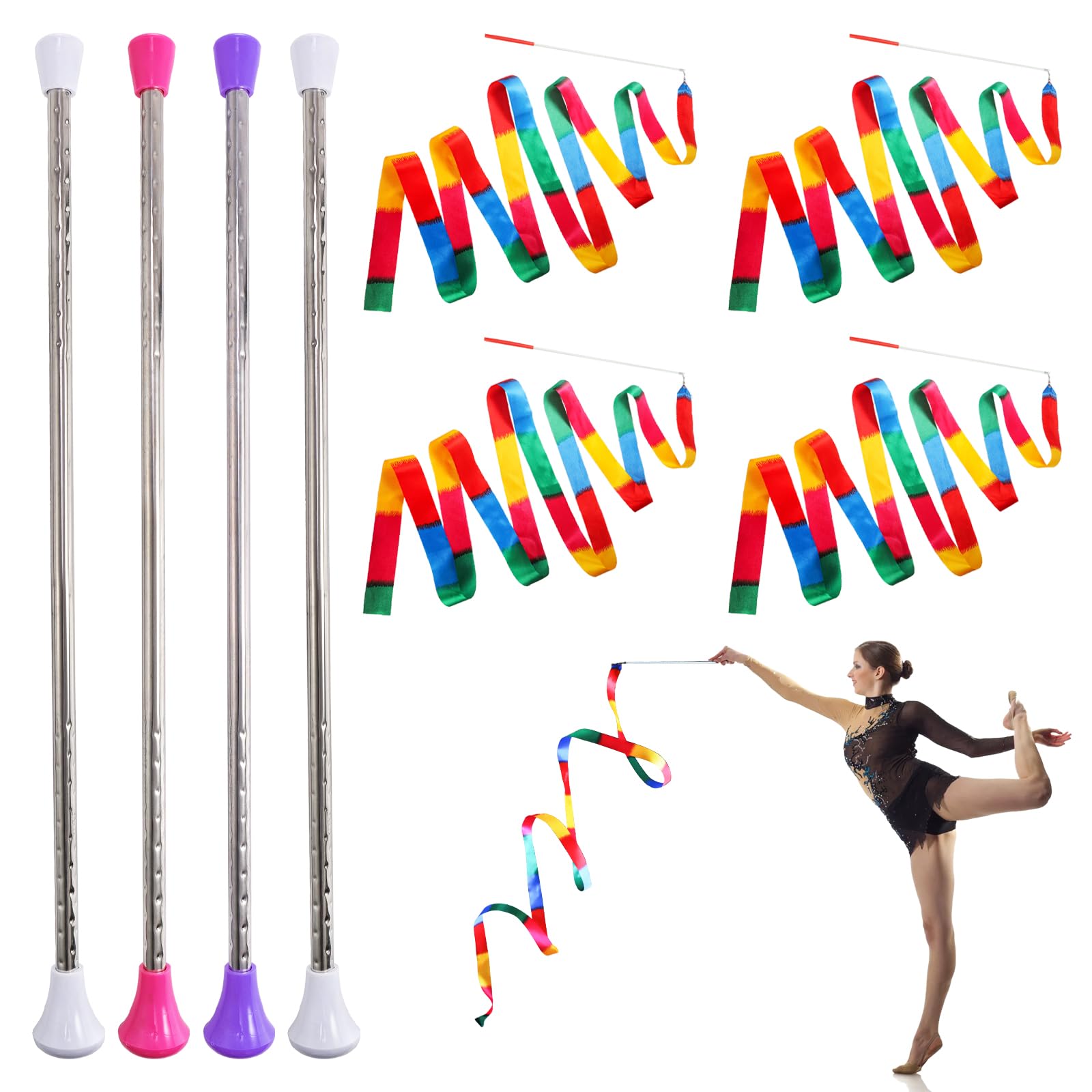 4 Pack Twirling Batons and 4 Piece Colorful Dance Ribbons, 21 Inch Stainless Steel Rhythmic Gymnastics Conducting Batons, Spinning Dance Baton for March Band, Artistic Dancing