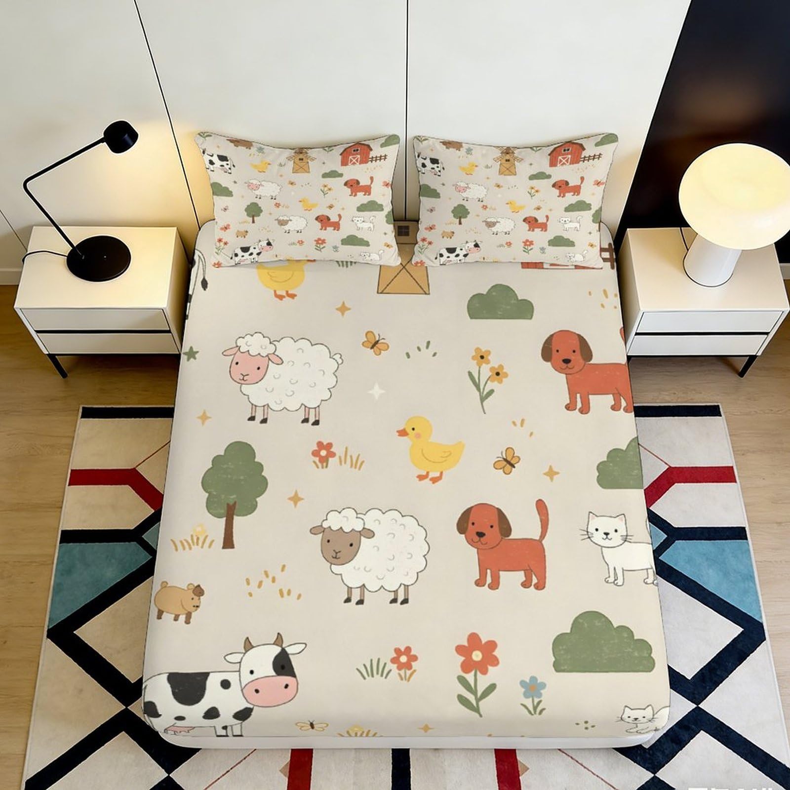3D Printed Farm Animal Fitted Sheet Microfiber Soft Bed Cover Cartoon Pastoral Mattress Cover for Bedroom Dorm Decor 90x200x25cm