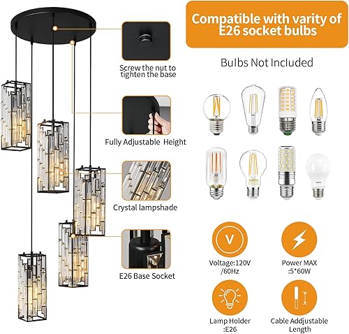 Miniatura 3 de FDPBY Lámpara colgante negra, lámpara colgante moderna, mini candelabros de cristal, lámpara colgante ajustable para cocina, isla de comedor,