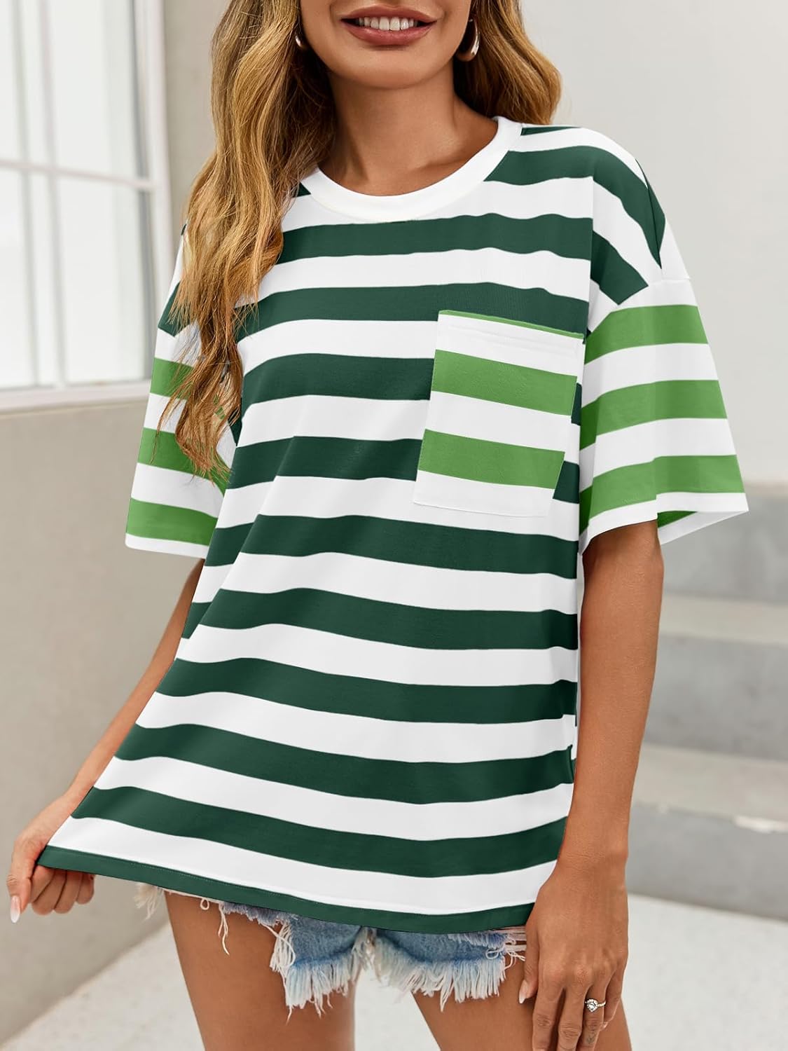 Womens Oversized Color Block Striped Tshirts Summer Casual Short Sleeve Tops Loose Fit Crew Neck Shirts - Image 6
