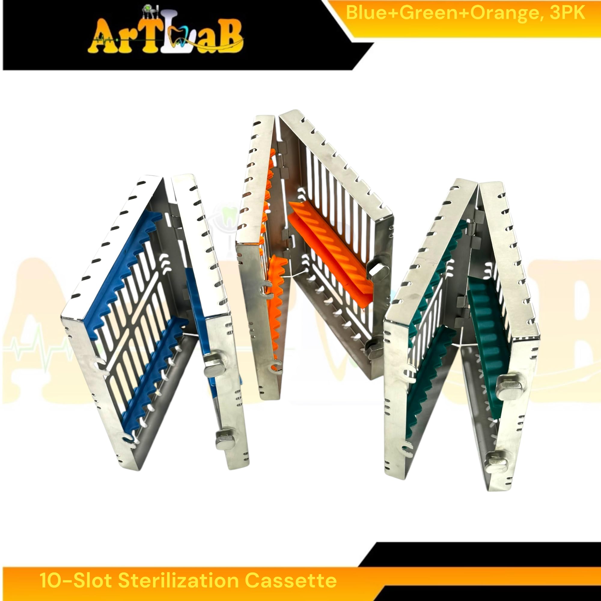 Set of 3 Each - Sterilization Cassettes with Detachable Lid, 2-Button Lock, 10-Slot Colored Silicone Inserts (Blue+Green+Orange) German Stainless Steel