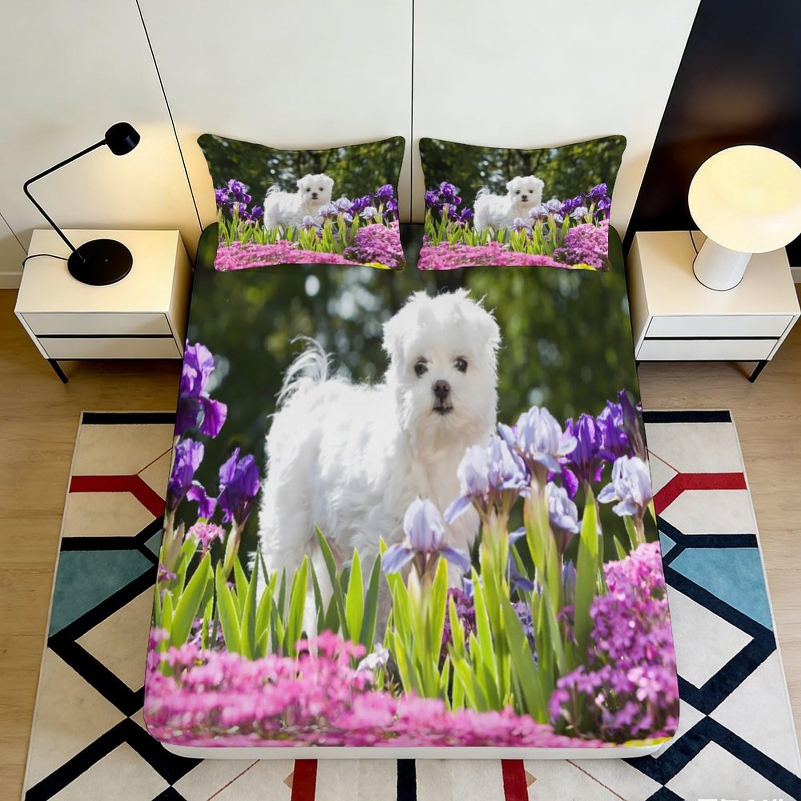 3D Printed decorative Fitted Sheet white dog with purple iris flowers Microfiber soft touch anti-slip, wrinkle resistant, apartment bedding, easy care, bedroom decor 90x200x25cm