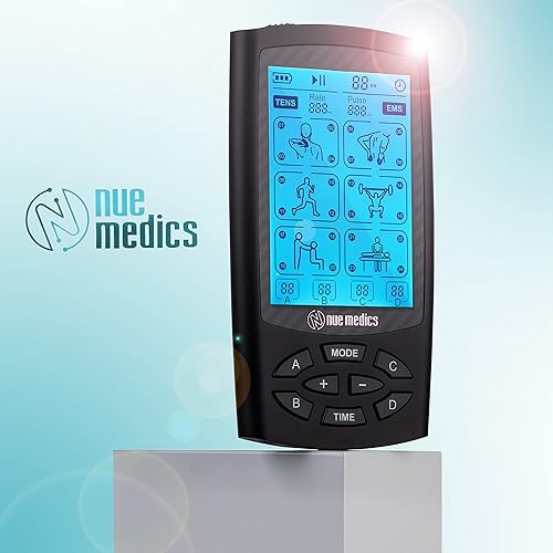 Miniatura 4 de NueMedics Unidad de diez con 4 canales, estimulador muscular EMS para terapia de alivio del dolor, 24 modos de masaje, recargable, 12 almohadillas