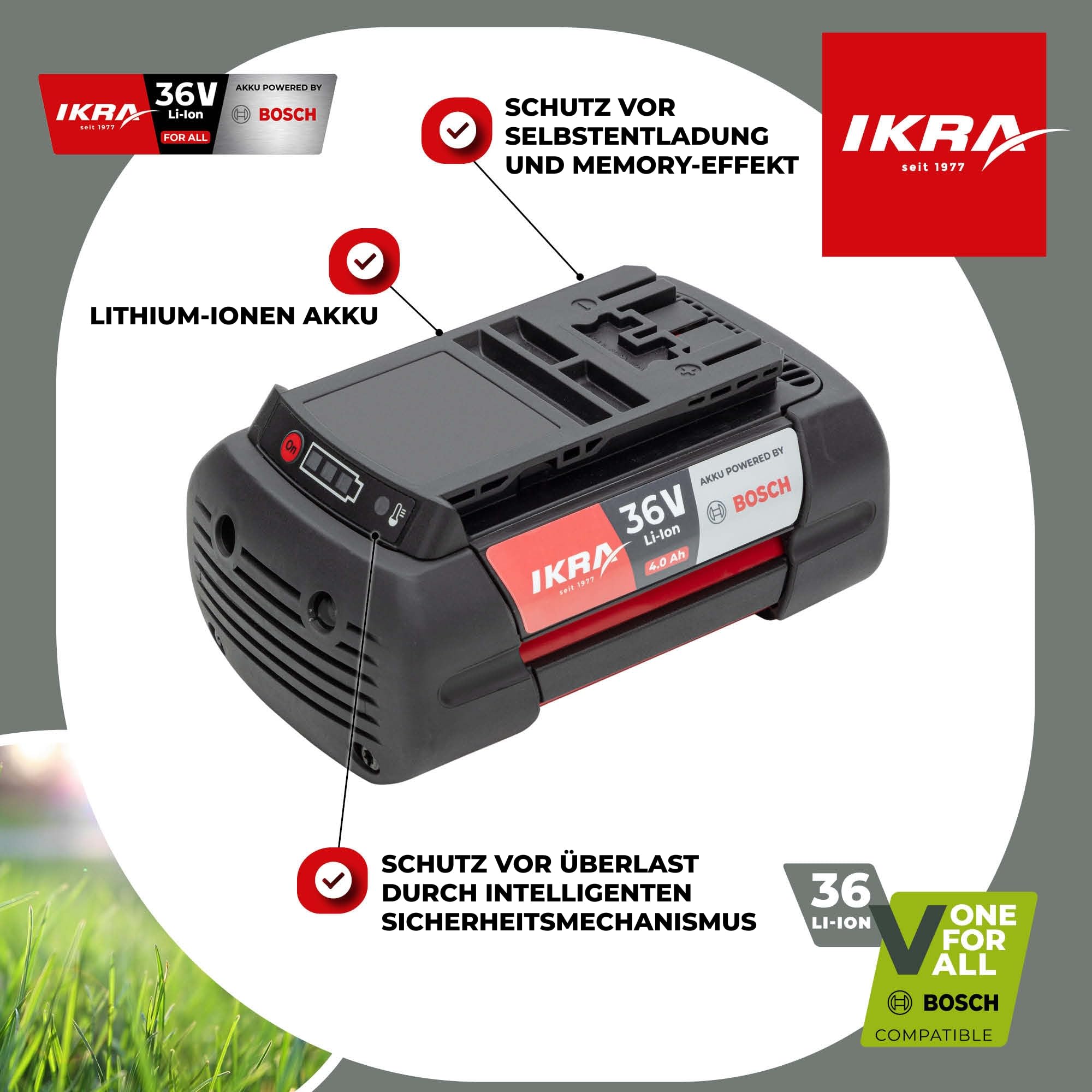 IKRA 36 Volt 4,0Ah Li-Ion Akku Ersatzakku Typ LI 28, Powered by Bosch | Made in Europe, mit Bosch COOLPACK-Technologie, LED-Anzeige, 144Wh, kompatibel mit Bosch 36V Geräten