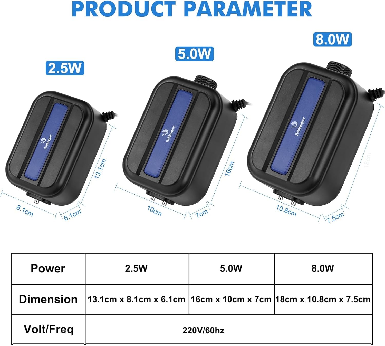 Product parameter table showing dimensions and power for different models