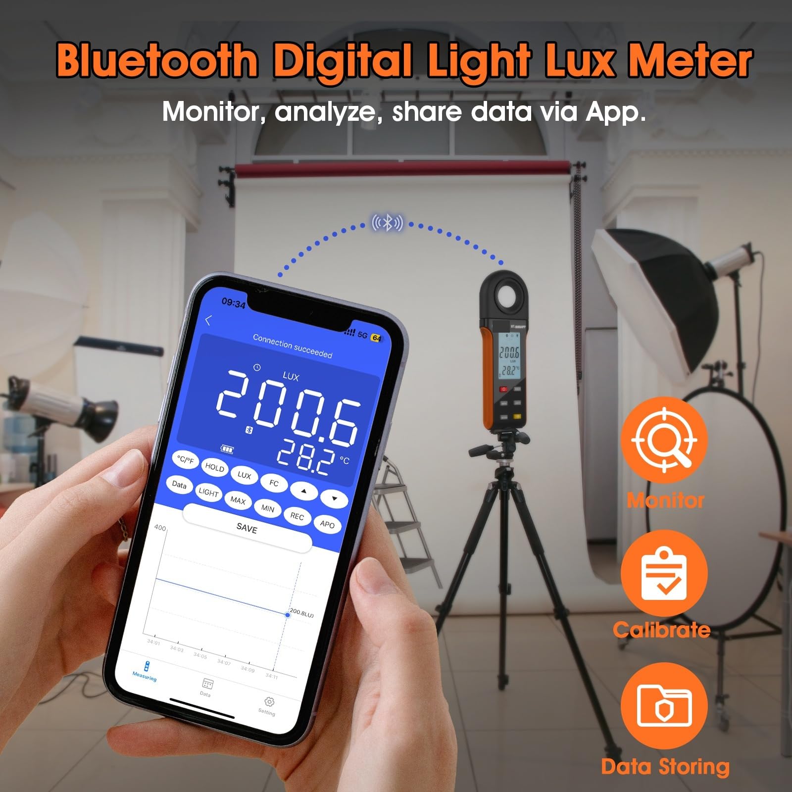 Esposimetri, Luxmetro digitale 1-400.000Lux Collegare all'APP del telefono unilateralmente a 90 gradi o 270 Misurare l'illuminazione Display LCD