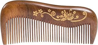 Breezelike Sandalwood Hair Comb - No Static Handmade Wooden Fine Tooth Detangling Comb with Golden Painted Flower
