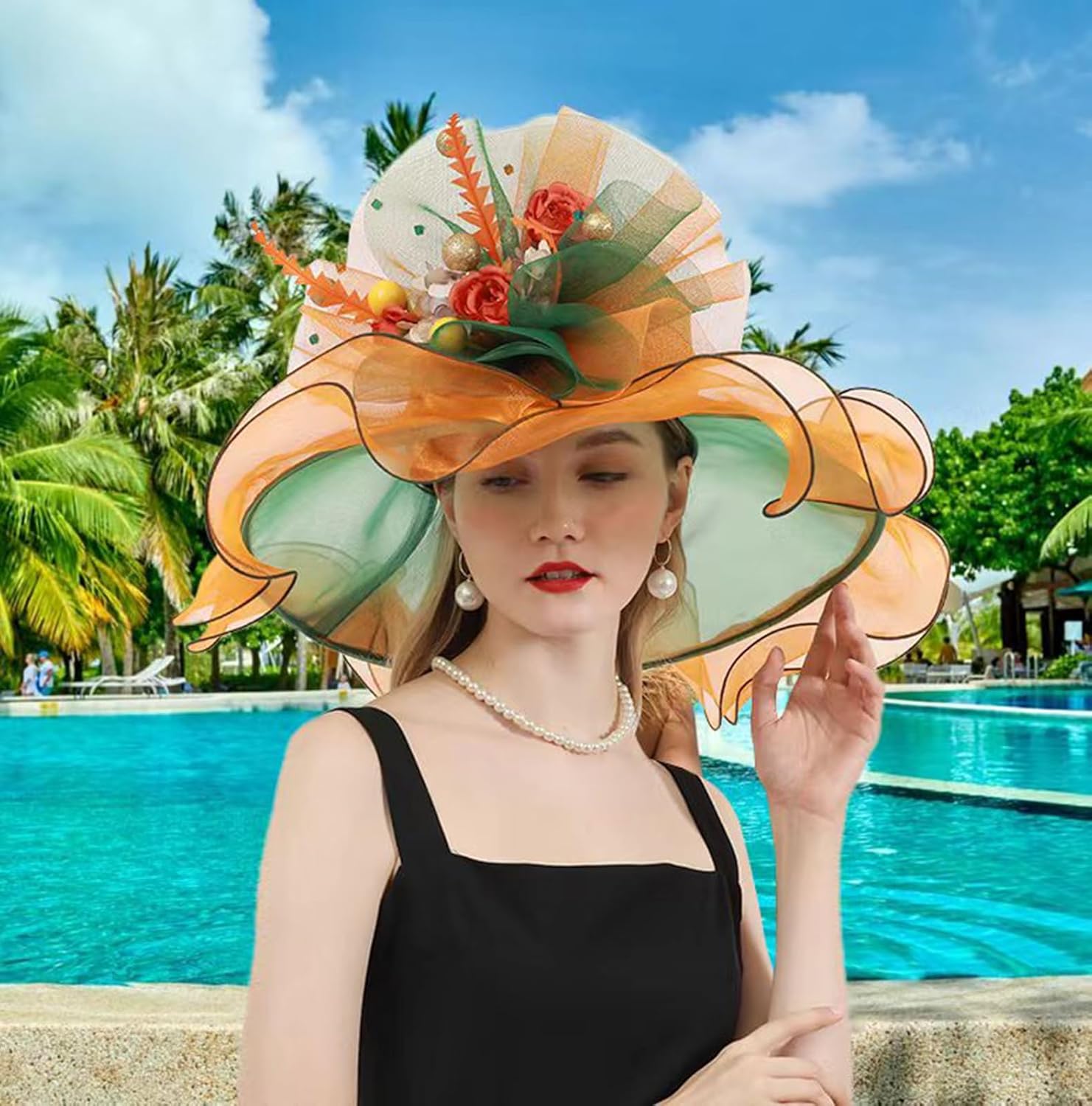 ORIDOOR Women Organza Fascinator Church Derby Hat Floral Tea Party Wedding Hat