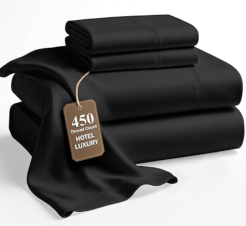 LANE LINEN - Sábanas tamaño Queen, 450 hilos, 100% algodón, refrescantes, transpirables, con bolsillo profundo, 4 piezas, color negro