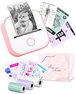 T02 Impresora de Bolsillo con 3 Rollos de Papel, Impresora de Fotos Bluetooth para cumpleaños de niños, Compatible con teléfono y Tableta, Rosa