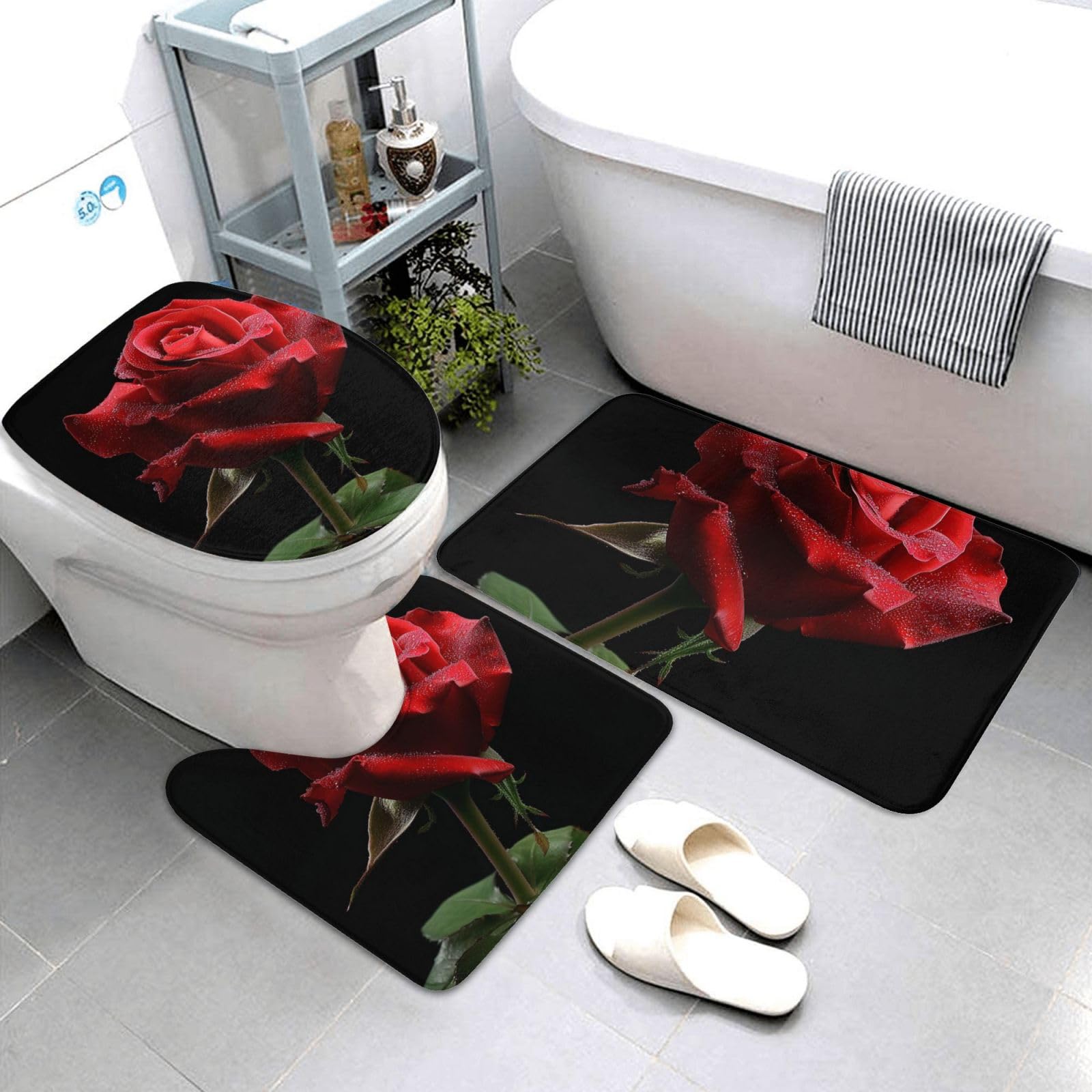 Lot de 3 tapis de bain antidérapants et absorbants en flanelle avec motif imprimé rose rouge et fond noir