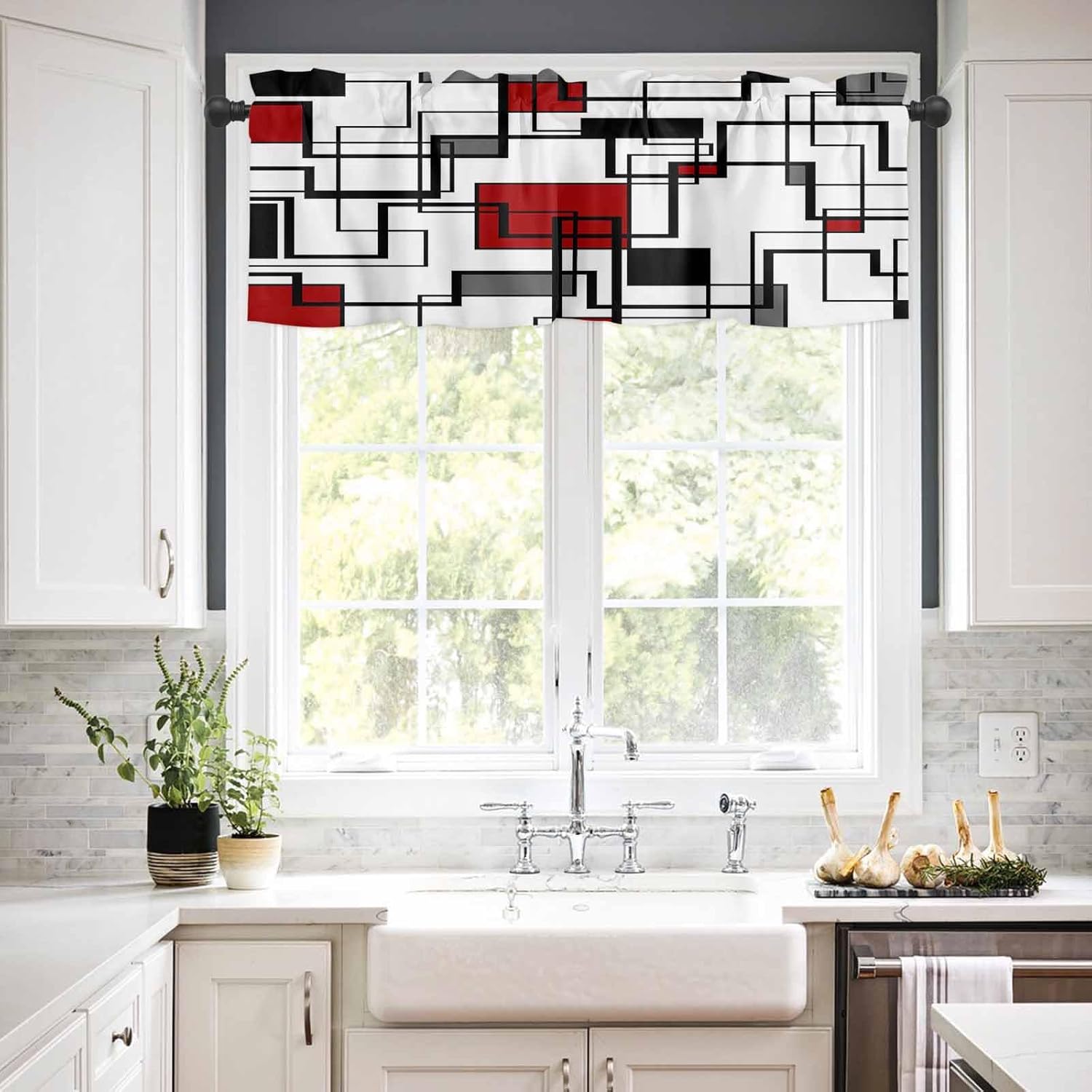Red Black Grey Geometric Kitchen Curtains and Valance Set, Farmhouse Window Curtain Valance 54''x18'', White Abstract Art Aesthetics Small Short Half Tier Curtains for Bathroom Cafe 55x36 Inch