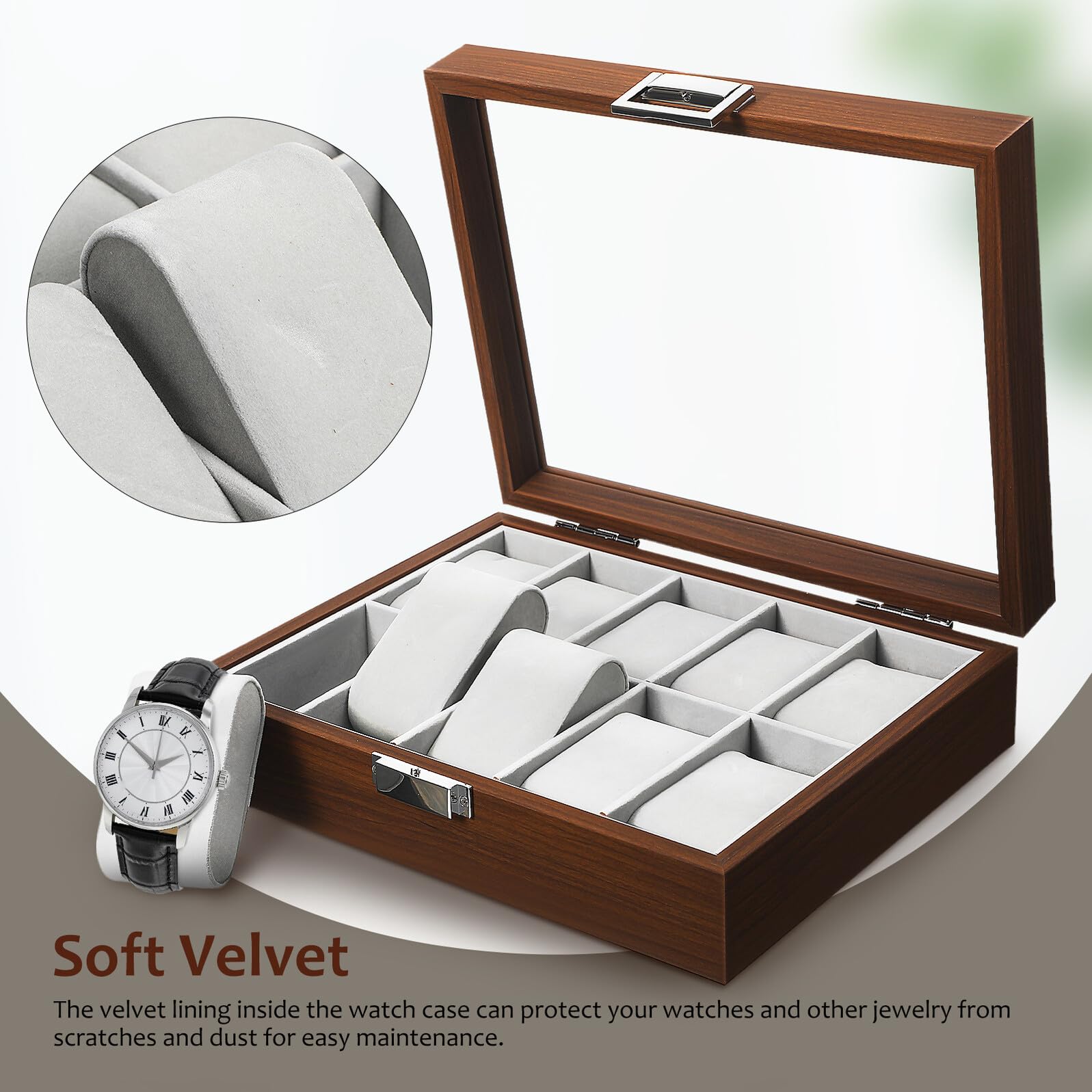Caja organizadora de Almacenamiento para Relojes VILLCASE con Acabado en Madera de Nogal, 10 Compartimentos, con Ventana y Bandeja para Accesorios de Relojes de Hombre.