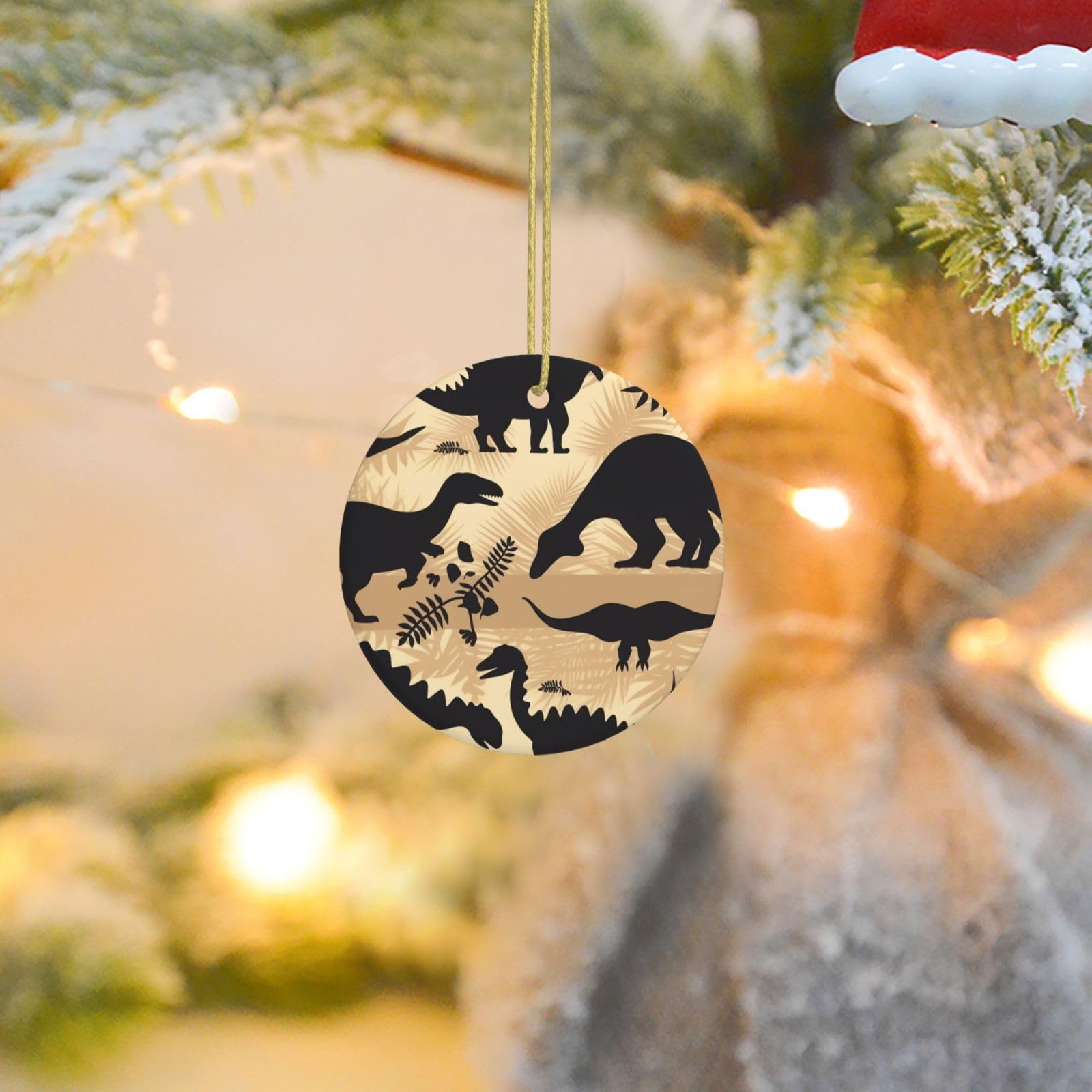 Christmas Tree Ornaments Ceramics Christmas Round Decorations Dinosaur Silhouette Ceramics Ornaments Circle Pentagram Xmas Tree Hanging Pendant for Christmas Tree Party Holiday Home Decor