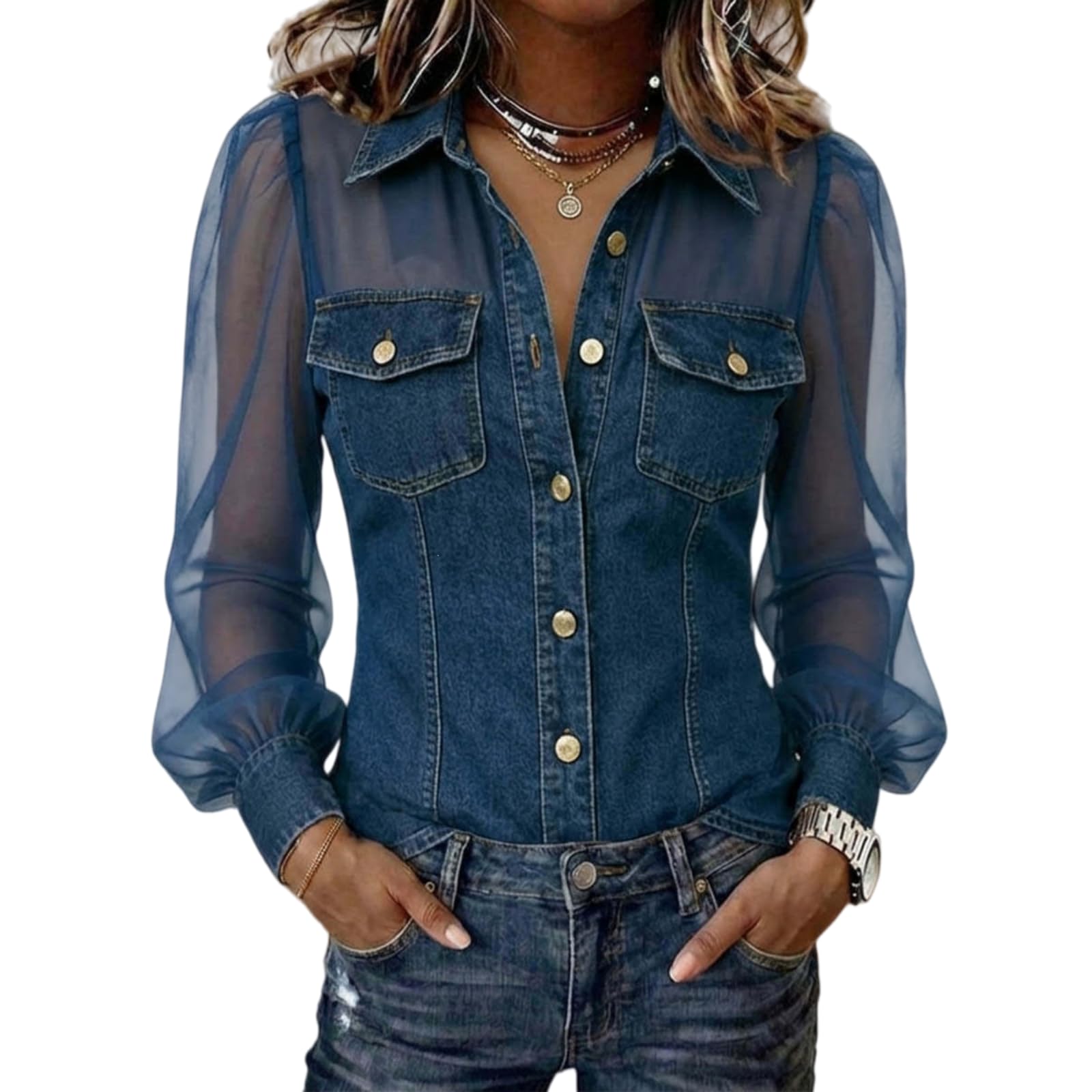 Blouse en jean semi-transparente pour vos sorties décontractées - 8