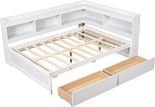 Miniatura 8 de Quarte Delicada cama de plataforma con estanterías en forma de L cama de plataforma de madera de tamaño matrimonial con 2 cajones de almacenamiento