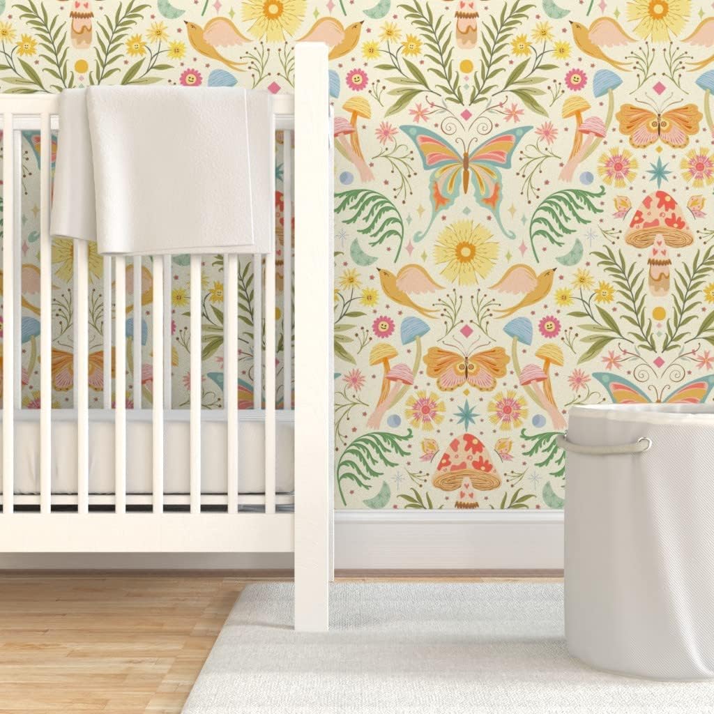 Peel & Stick Wallpaper 6ft x 2ft - Woodland Damask Bright Pastels Pale Yellow Spring Floral Botanical Butterfly Colorful Cheerful Custom Removable Wallpaper by Spoonflower