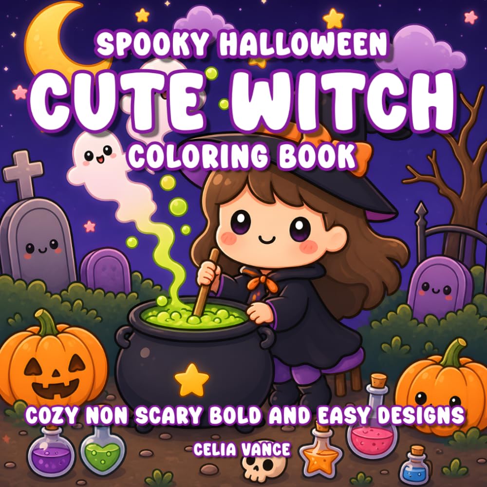 Spooky Halloween Cute Witch Coloring Book: Cozy Non Scary Bold and Easy Designs for Kids and Teens Stress Relief