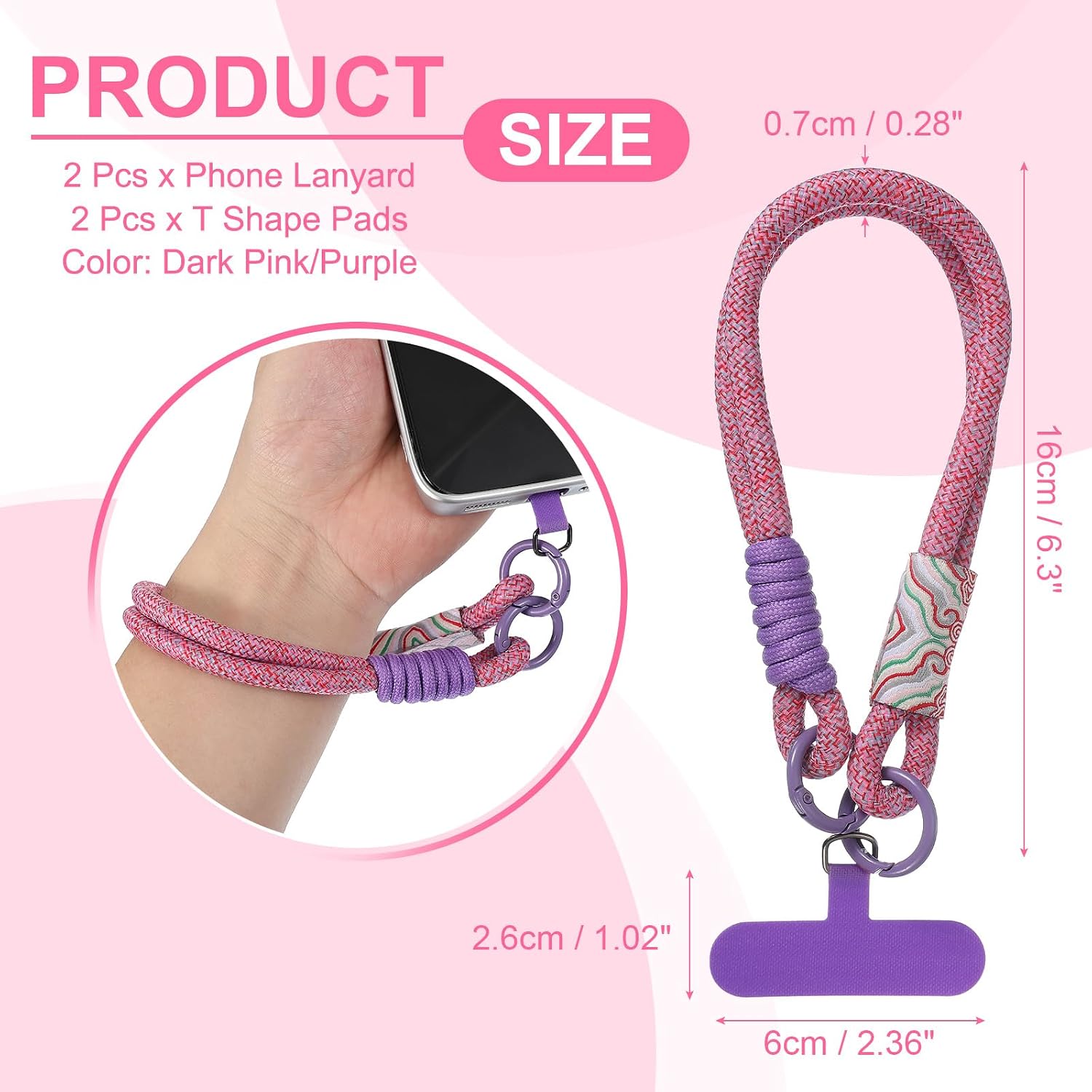 PATIKIL Cell Phone Wrist Lanyard, 2 Pcs Universal Phone Wrist Lanyard Hand Wrist Strap Anti Theft Strap with Pads, Dark Pink/Purple