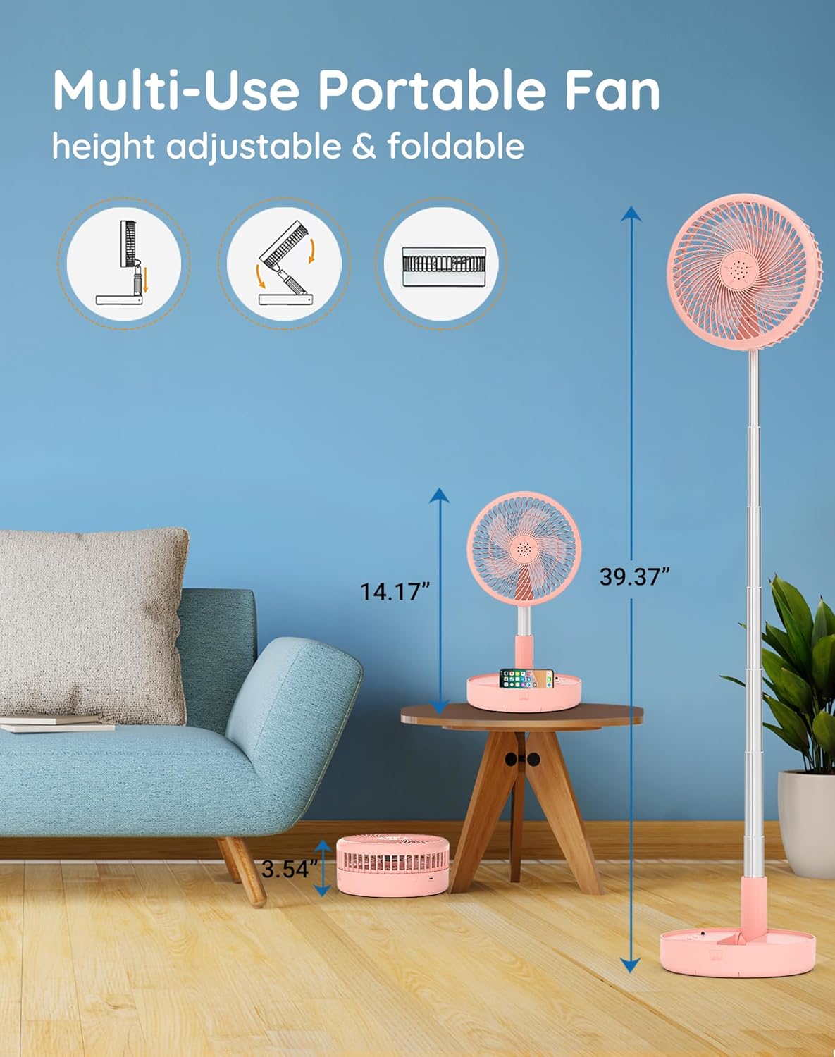 Primevolve Portable Fan showing height adjustment from compact to floor mode