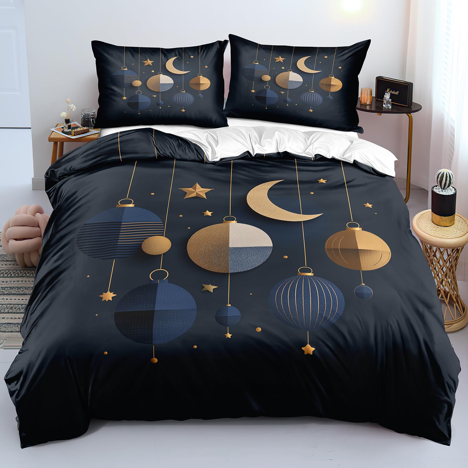 Literie festive en microfibre pour le Nouvel An avec boules de Noël dorées
