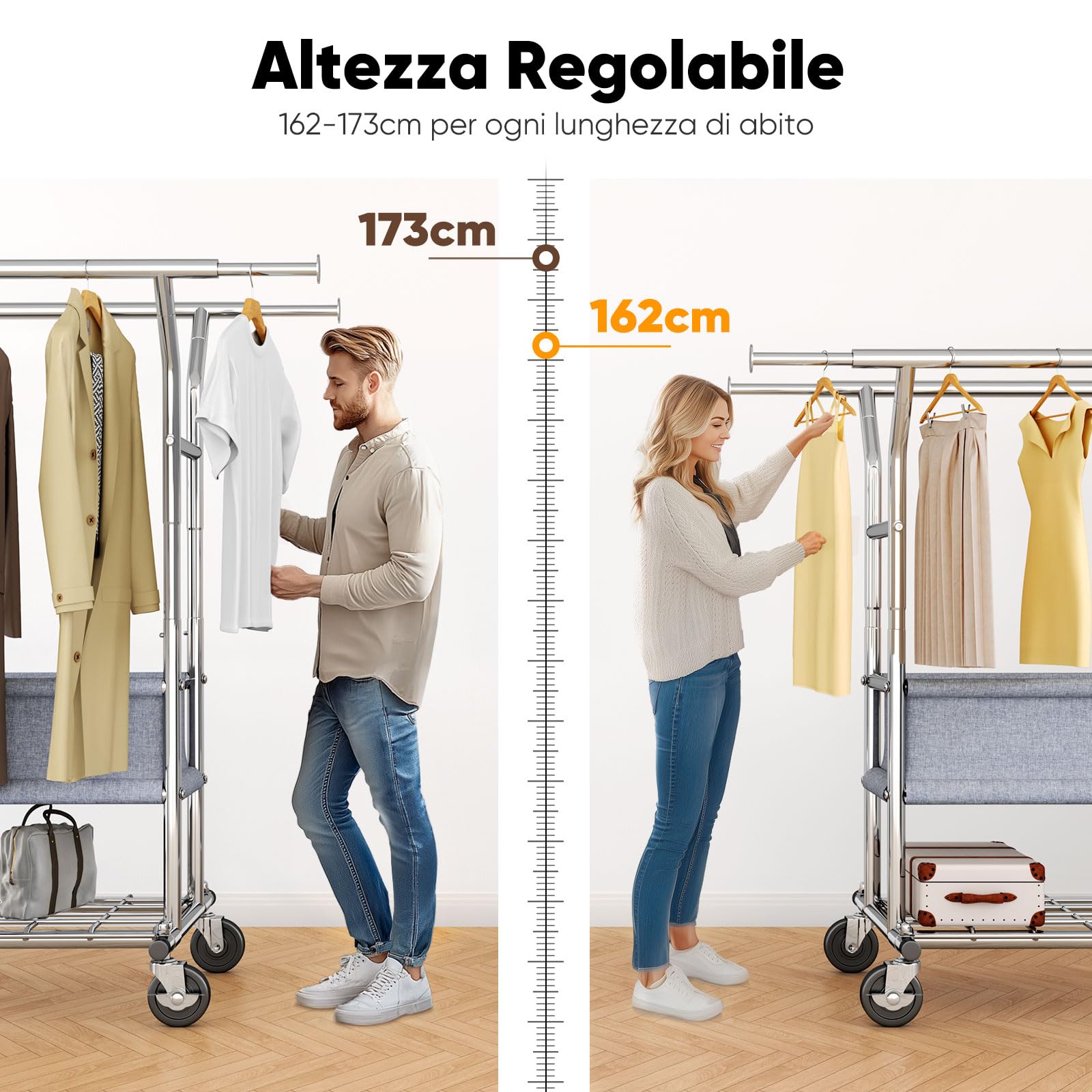 HOKEEPER Appendiabiti da Terra Resistente a Doppia Barra con Ruote, 283kg, con Cesta in Tessuto e Ripiano, Estensibile - Ideale per Camera da Letto, Boutique