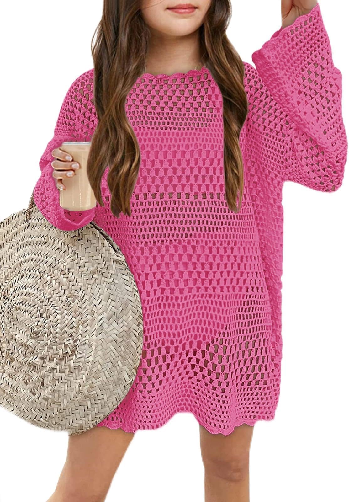 Girls Crochet Long Sleeve Swimsuit Cover Up Kids Fashion Hollow Out Swimwear Beach Dress 5-14 Years