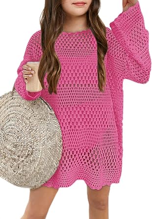 Batermoon Girls Crochet Long Sleeve Swimsuit Cover Up Kids Fashion Hollow Out Swimwear Beach Dress 5-14 Years