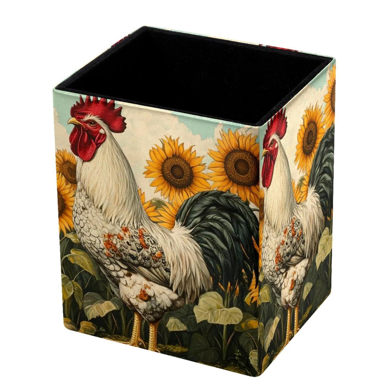 FWJZDSP Desk Pen Holder, Rooster Sunflowers Clouds Pencil Organizers, Pencil Holder Pencil Case Cup Pencil Bag for Desk Office Pen Case for School