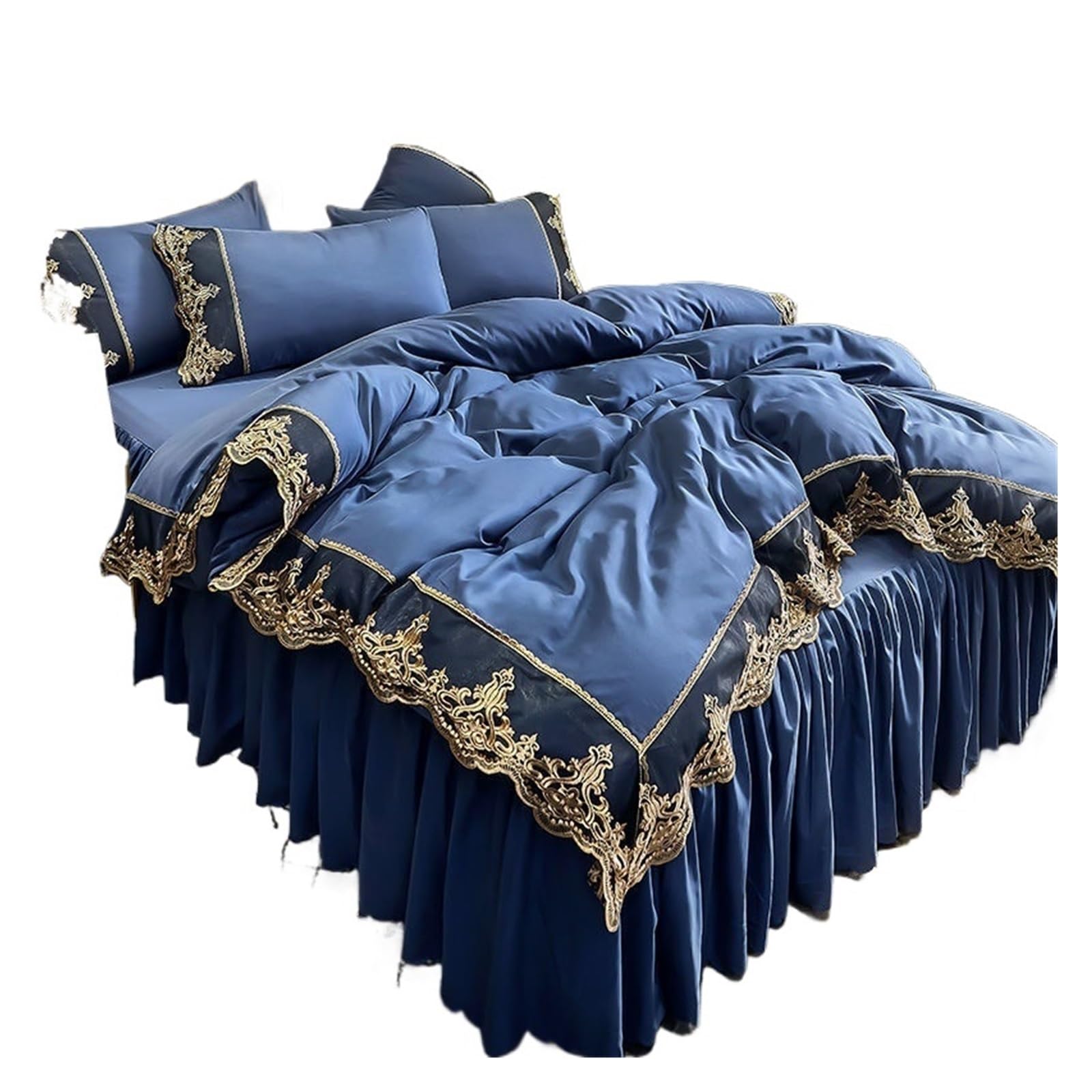 GCYEIDMA Ruffle Duvet Cover Lace-trimmed Bed Skirt Four-piece Set, Thickened Matte Quilt Cover Three-piece(Color 3,150X200cm 4Pcs Set)