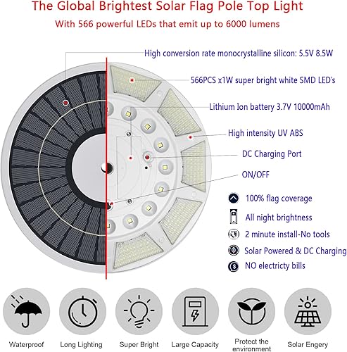 Miniatura 9 de Nueva luz solar LED 566 con puerto de carga CC, batería más brillante de 6000 lm 10000 mAh, iluminación larga 20 horas, encendidoapagado automático