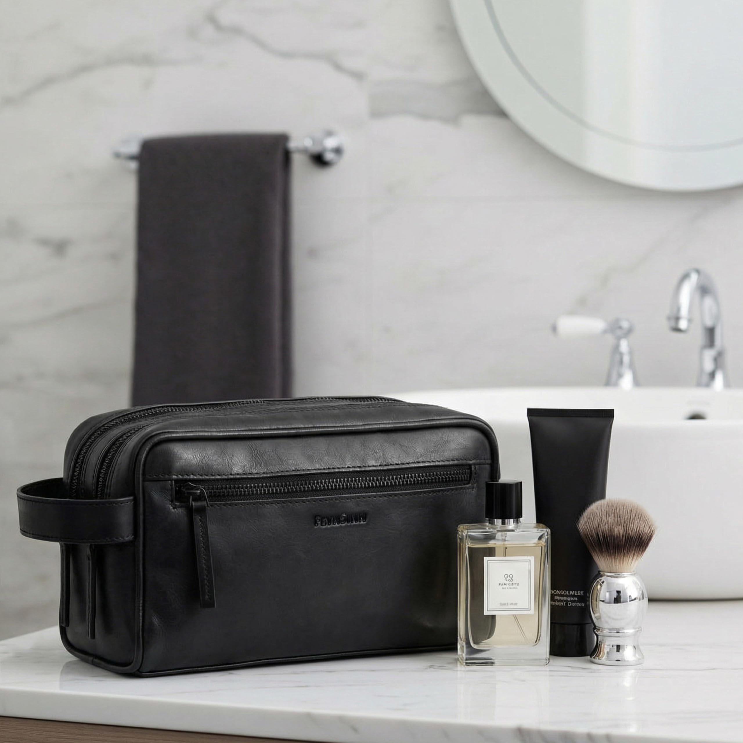 FRIIS torba podróżna na noc pranie siłownia torba do golenia dla mężczyzn lub kobiet prawdziwa skóra kosmetyczka skórzana torba damska i męska czarna, Czarny, Unisex-Adults, Kosmetyczka
