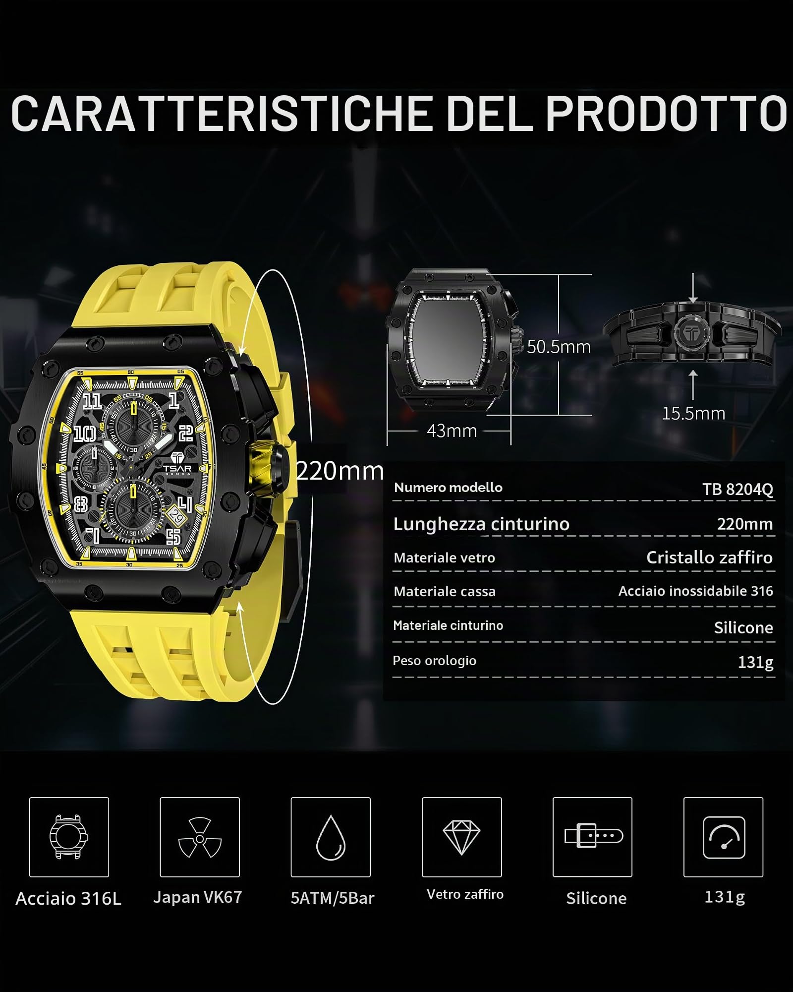 TSAR BOMBA Orologio Uomo Tonneau Design Impermeabile 50M con Cinturino in 316 Acciaio Lunetta Regalo Uomo Militare Cronografo Orologio da Design Elegante