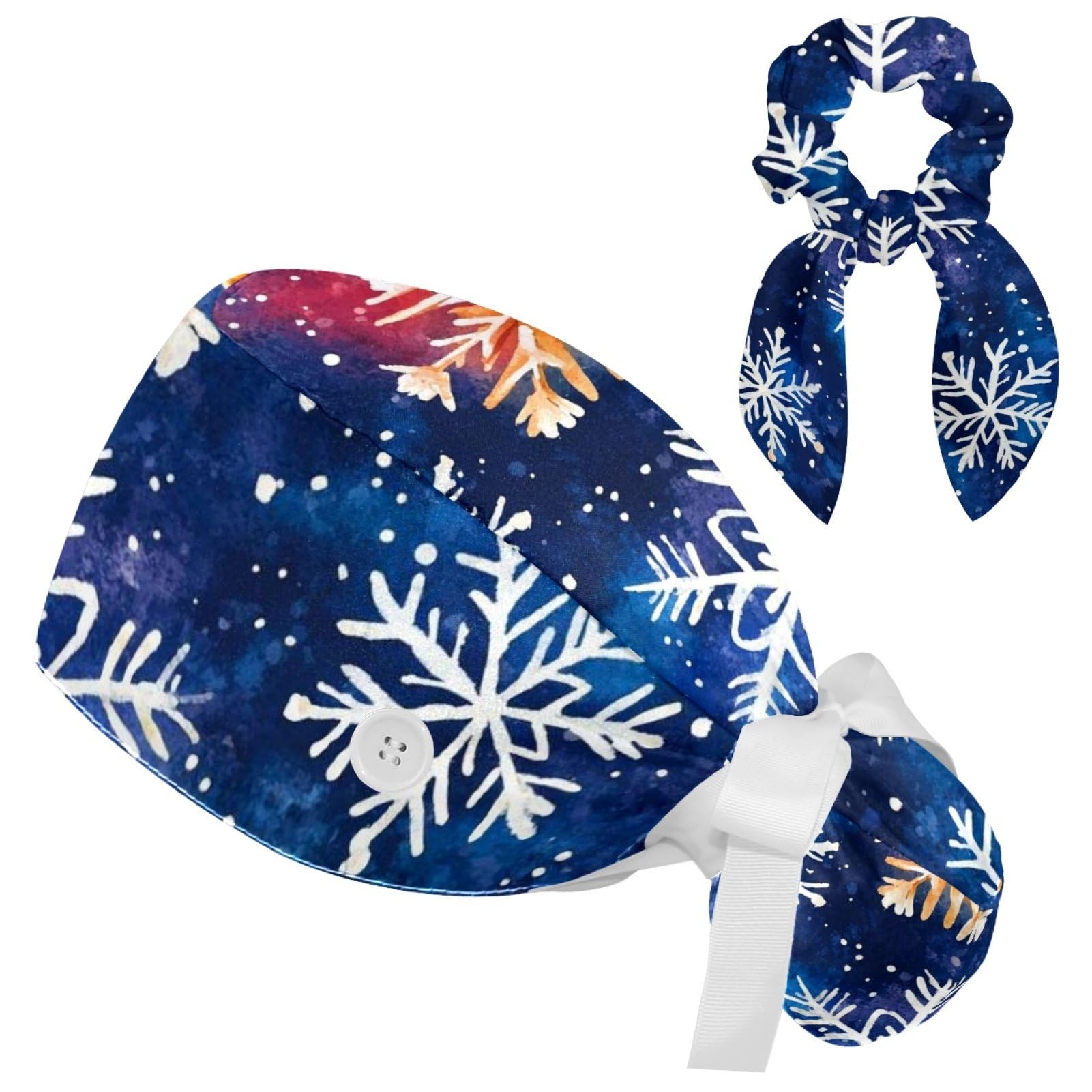 Adjustable Winter Blue Snowflake Surgical Scrub Cap with Button, Ponytail Pouch, Sweatband for Women with Bow Hair Scrunchy