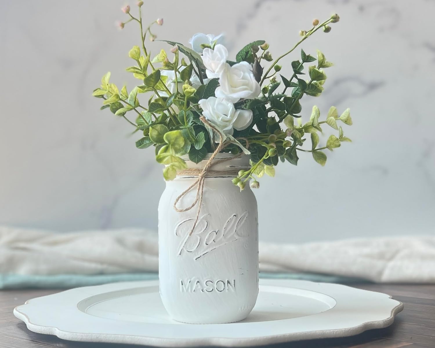Mini White Mason Jar Baby Shower Centerpiece – 16 oz Hand Painted Jar with Ivory Roses – 5 Inch Rustic Vase for Baby Shower Decor – Farmhouse Table Accent or Gift Idea (White Jar w/Greenery/Ivory)