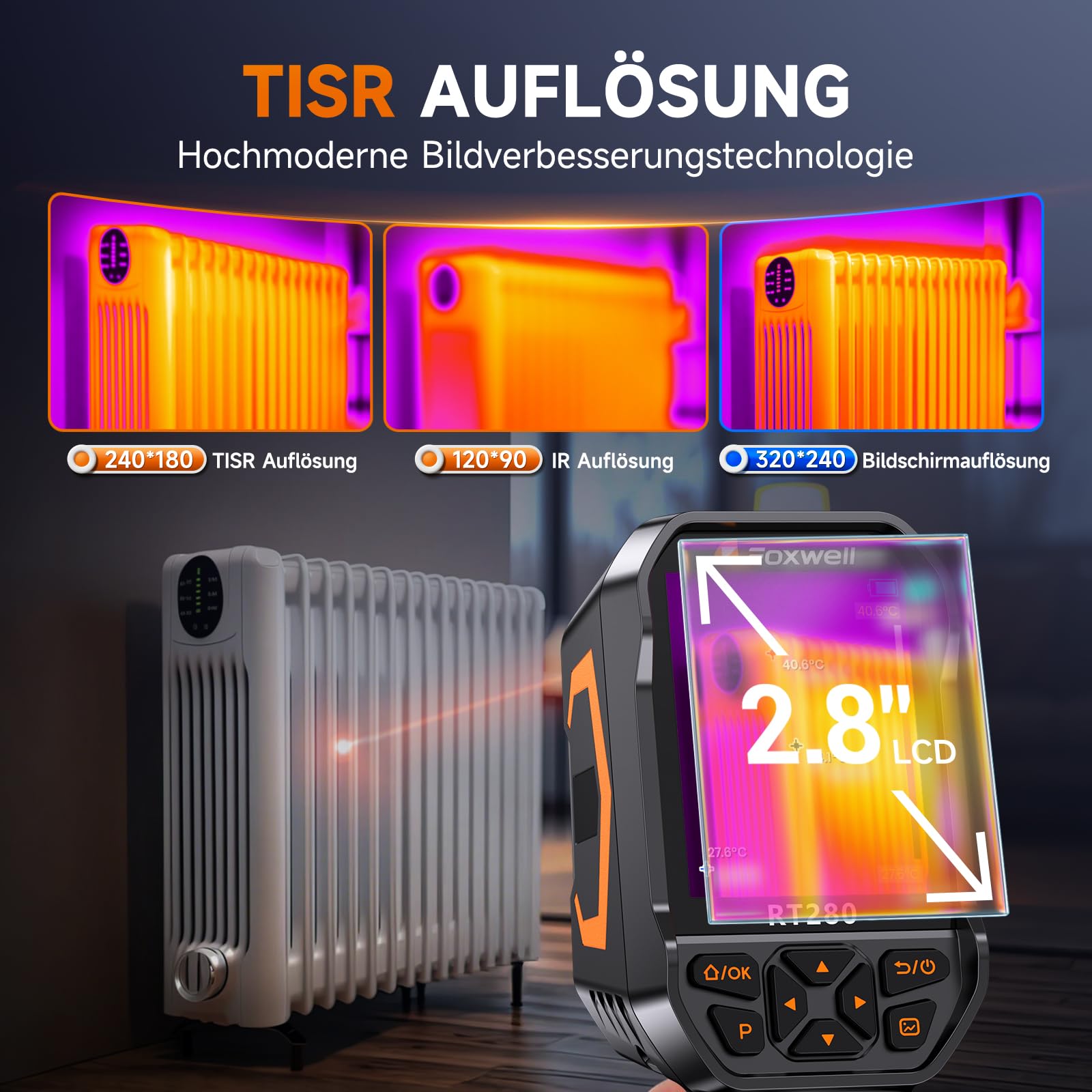 FOXWELL Wärmebildkamera RT280, 320 X 240 2,8“ LCD Bildschirm tragbare Thermal Camera, 240x180 TISR-Auflösung, -20°C bis 550°C, 25Hz Wärmekamera mit Laser, 8GB, PC-Analyse, Videoaufzeichnung(320*240)