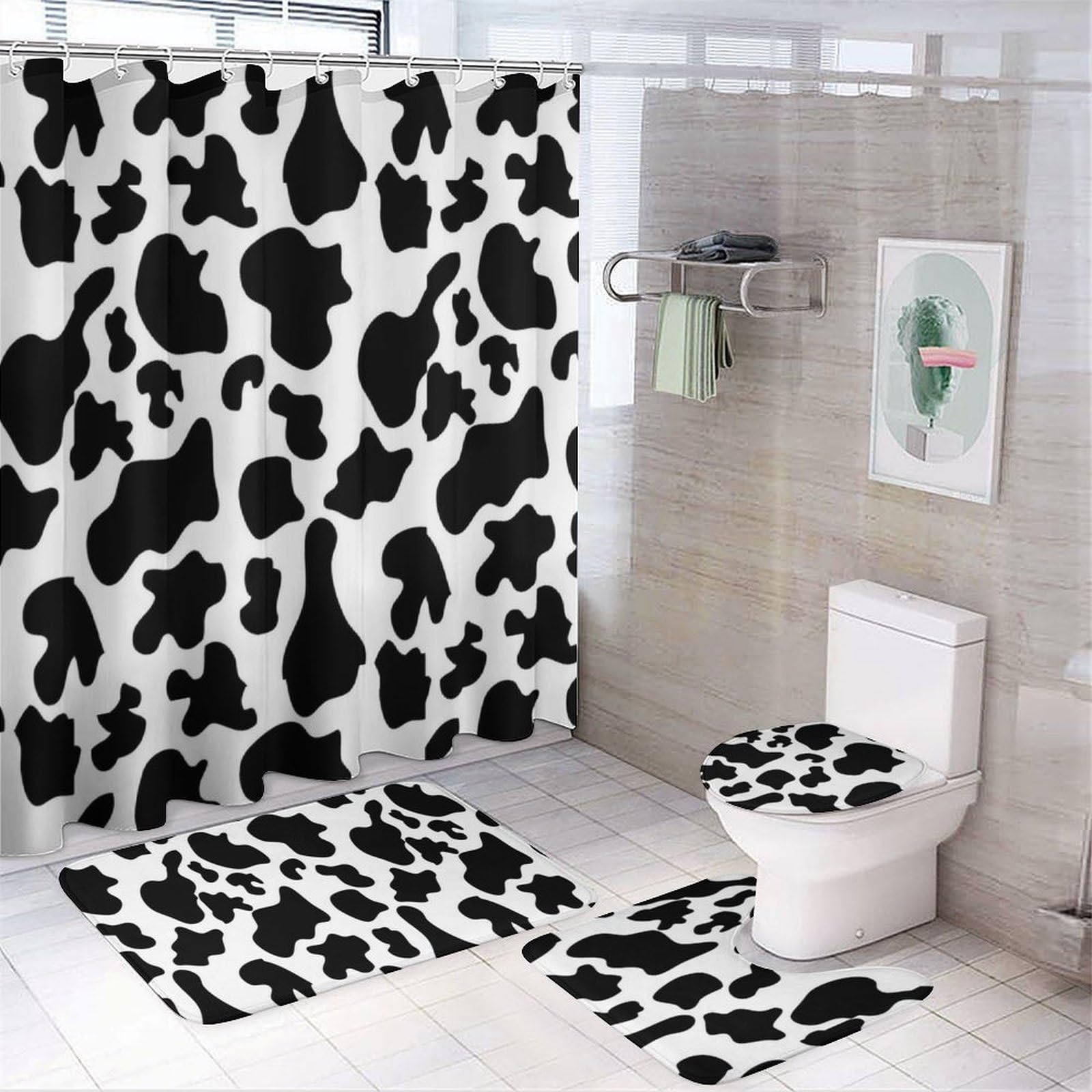 JZemdybill Bathroom Mat Set 4 Piece, Black Cow Print Shower Curtain with Non-Slip Bath Mats for Bathroom